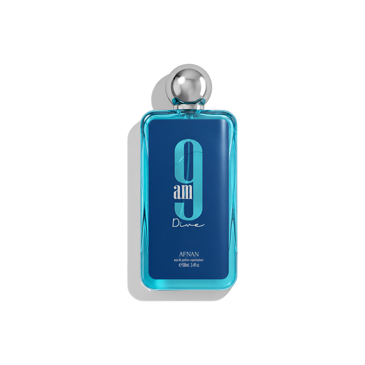 Bottle of Afnan 9AM Dive EDP fragrance on a white background with soft shadow