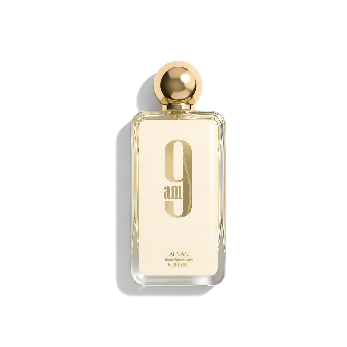 Bottle of Afnan 9AM EDP fragrance on a white background with soft shadow