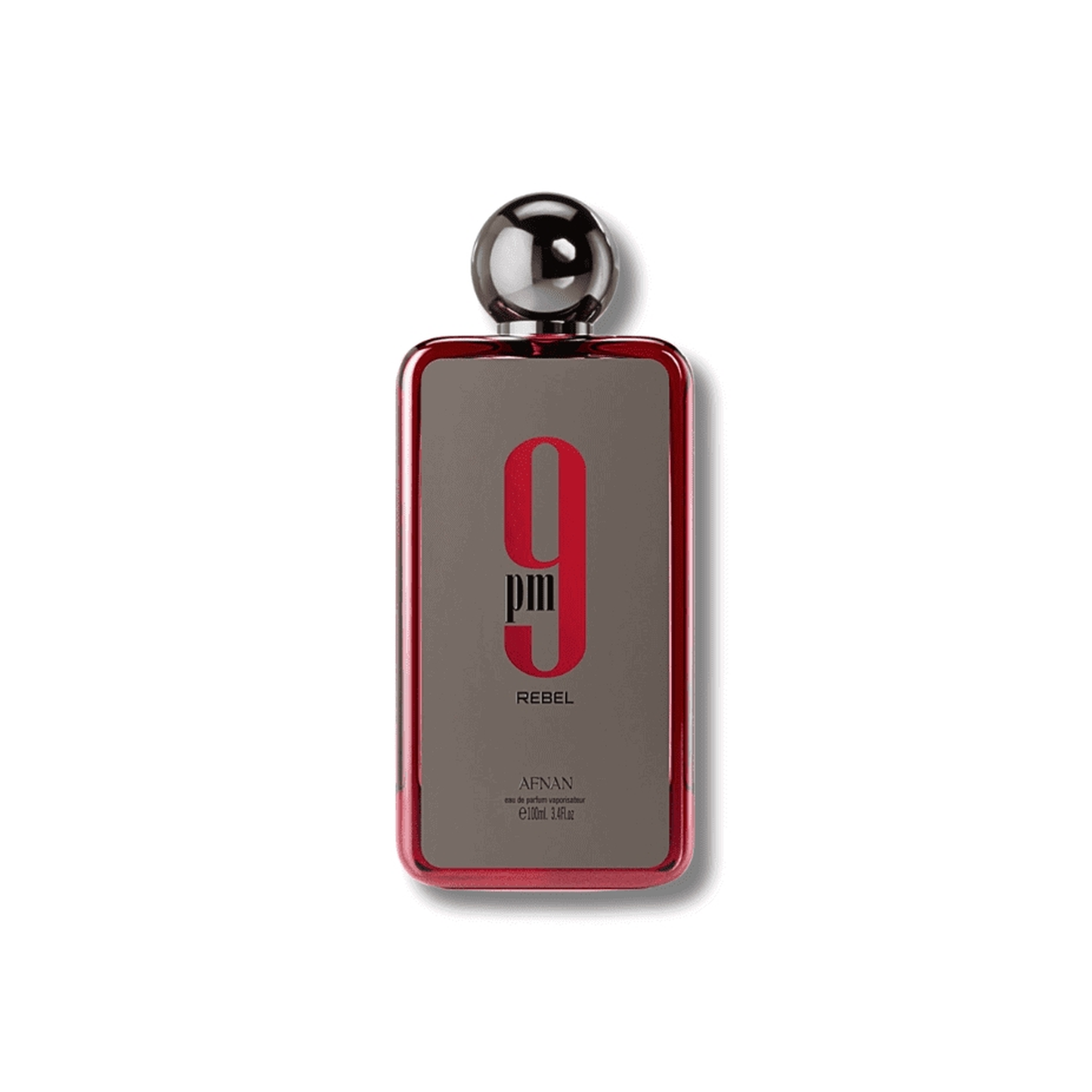 Bottle of Afnan 9PM Rebel EDP fragrance on a white background with soft shadow
