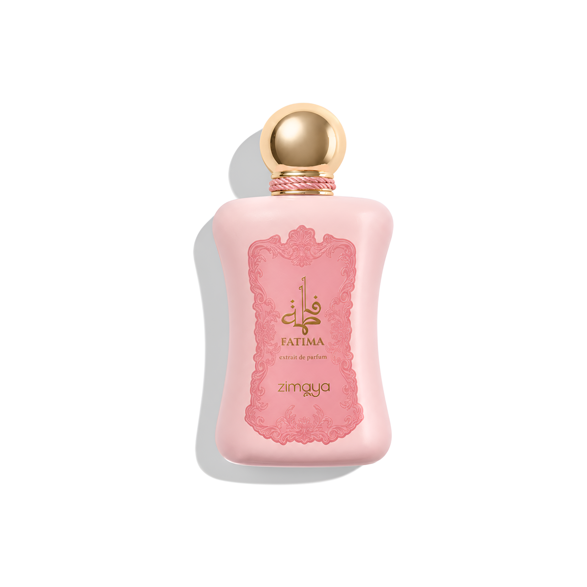 Bottle of Afnan Fatima Pink EDP fragrance on a white background with soft shadow