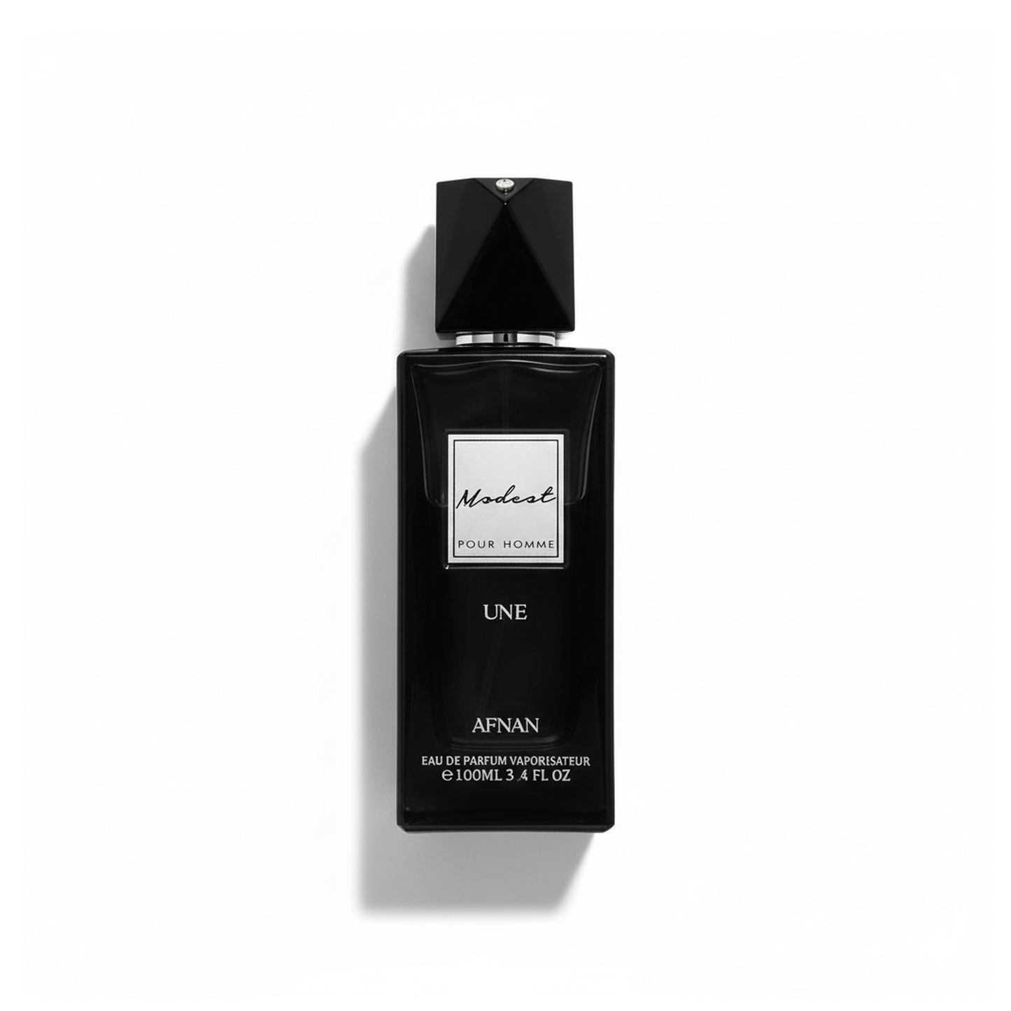 Bottle of Afnan Modest Une EDP fragrance on a white background with soft shadow