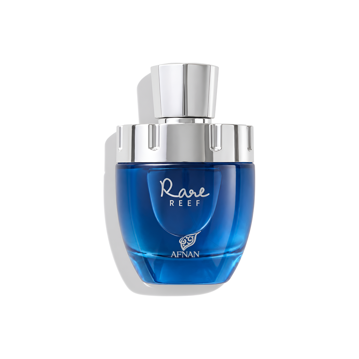 Bottle of Afnan Rare Reef Extrait fragrance on a white background with soft shadow