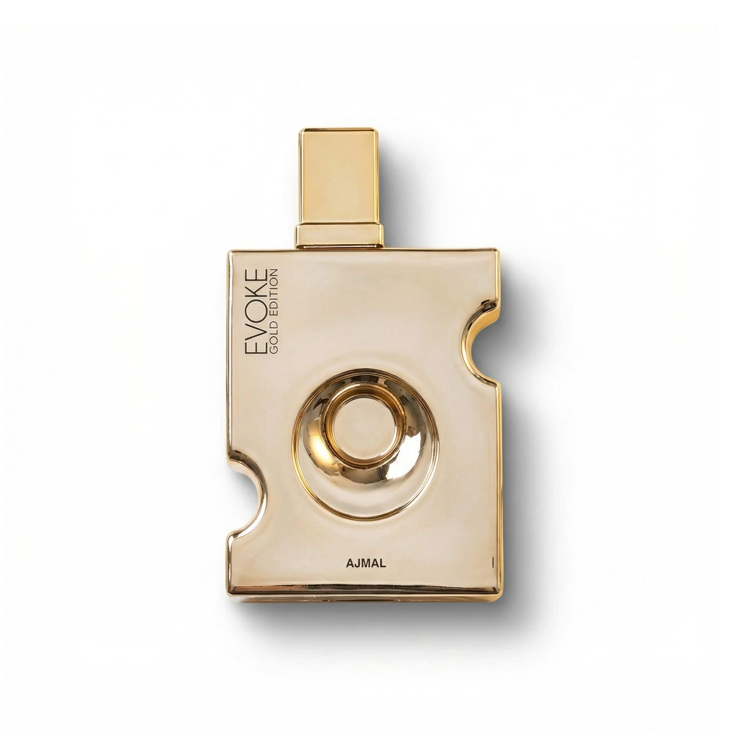 Bottle of Ajmal Evoke Gold Edition EDP fragrance on a white background with soft shadow