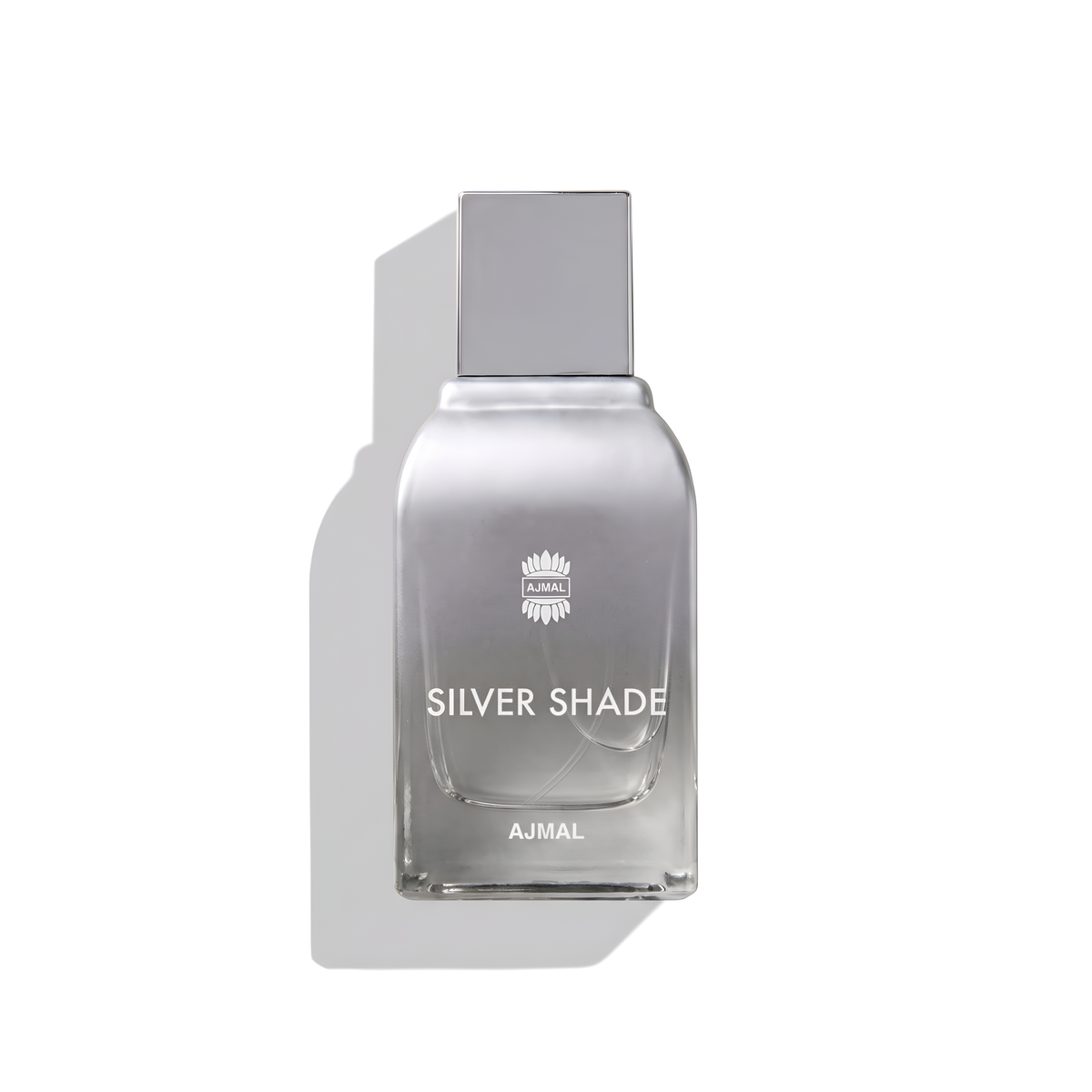 Bottle of Ajmal Silver Shade EDP fragrance on a white background with soft shadow
