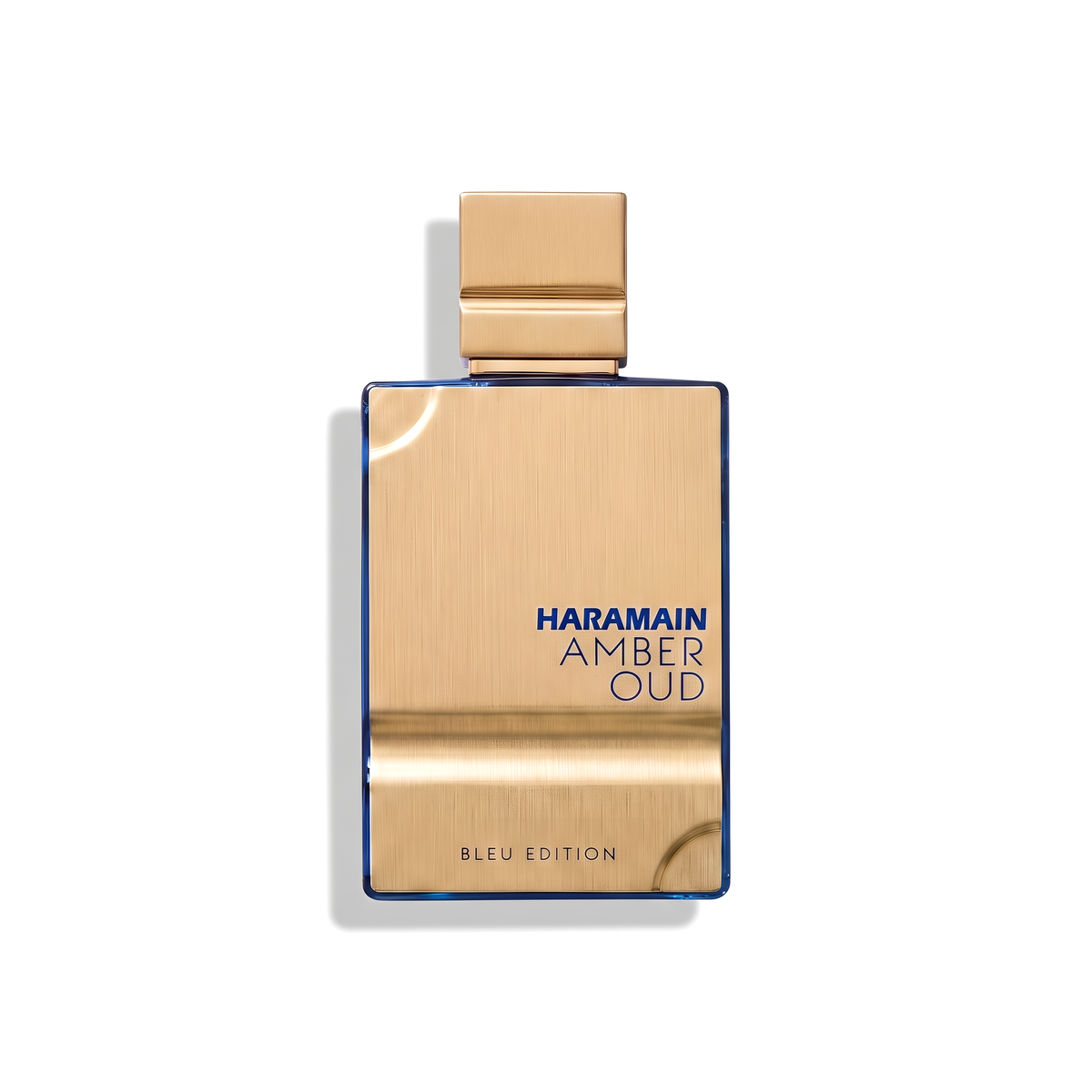 Bottle of Al Haramain Amber Oud Blue Edition EDP fragrance on a white background with soft shadow