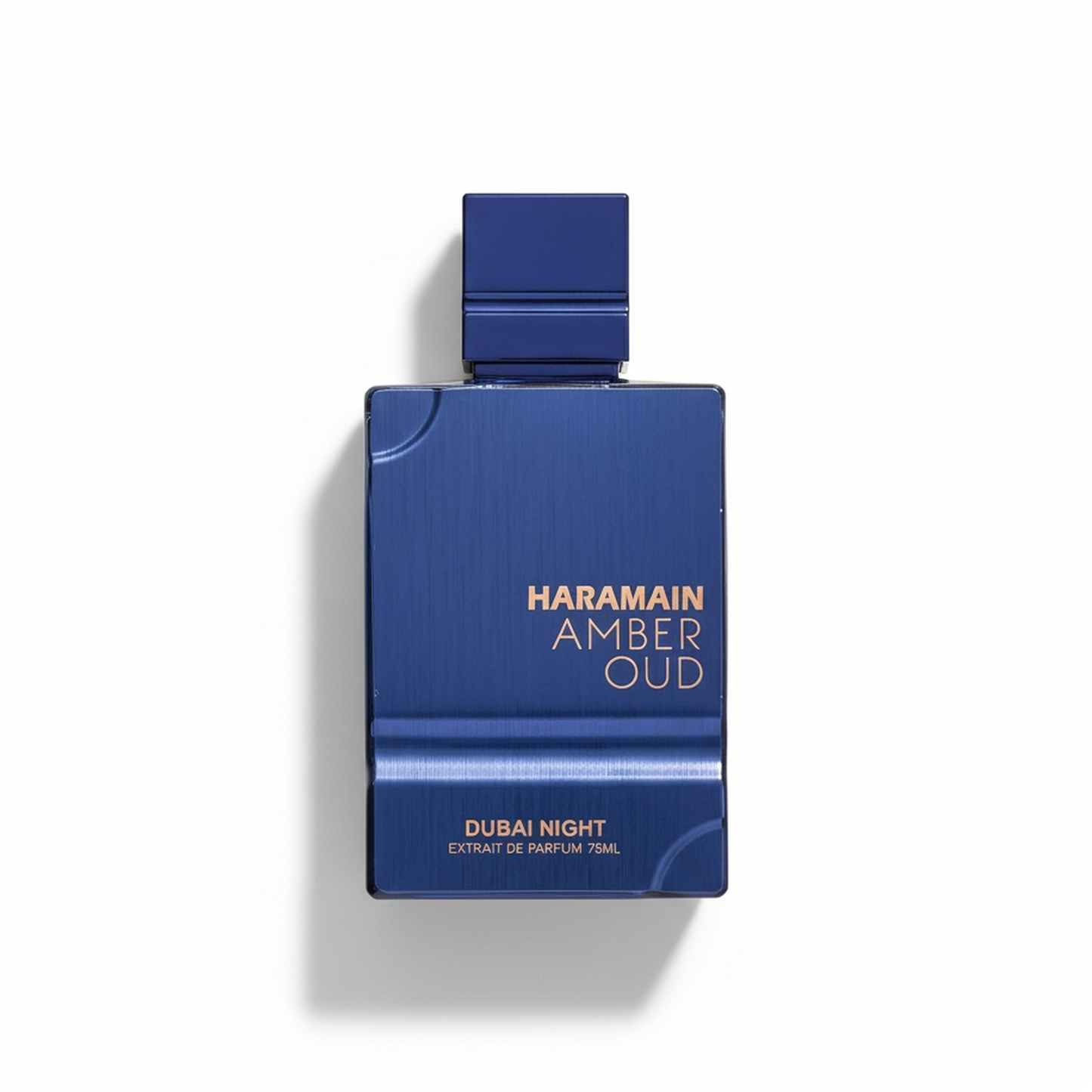 Bottle of Al Haramain Amber Oud Dubai Night Extrait fragrance on a white background with soft shadow