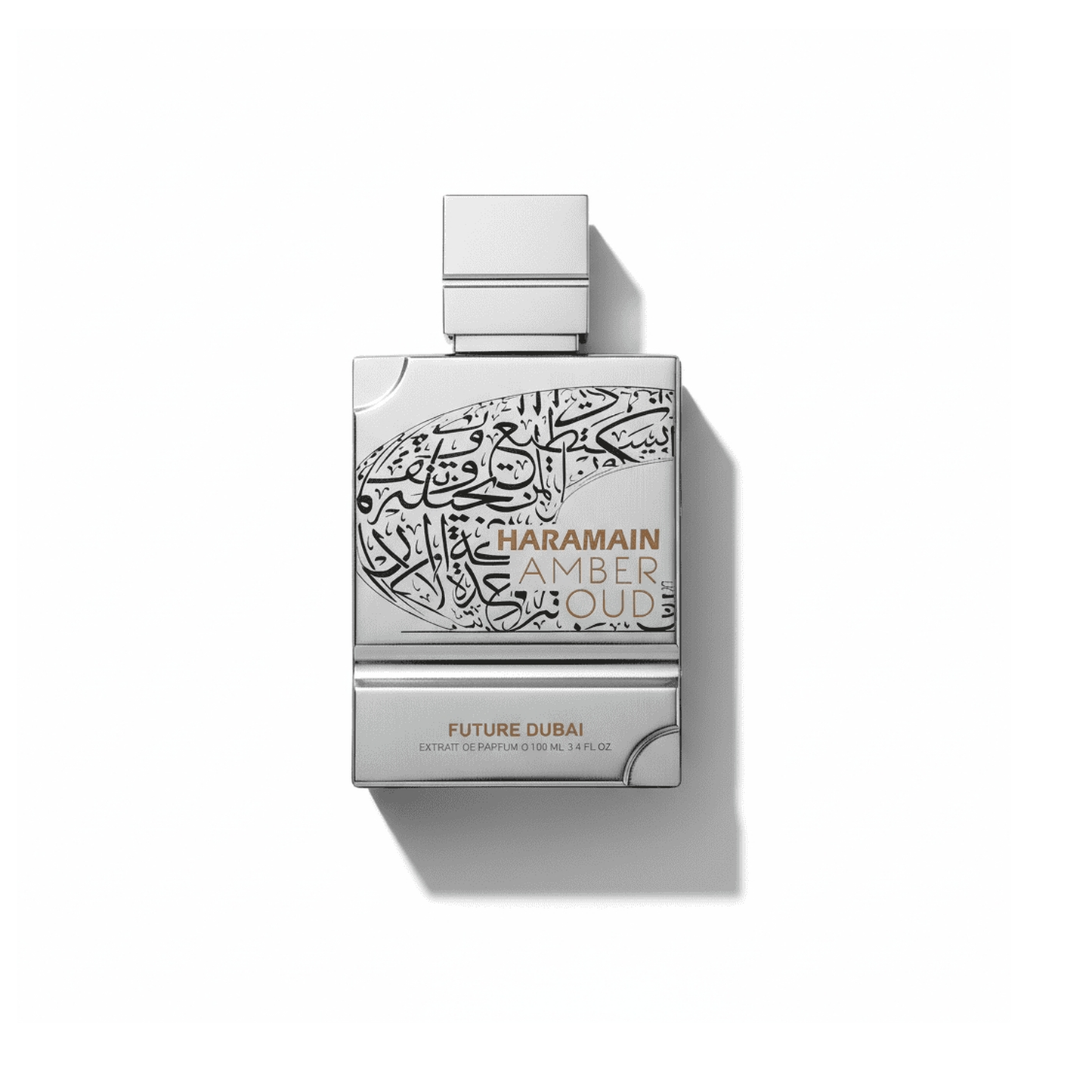 Bottle of Al Haramain Amber Oud Future Dubai Extrait fragrance on a white background with soft shadow