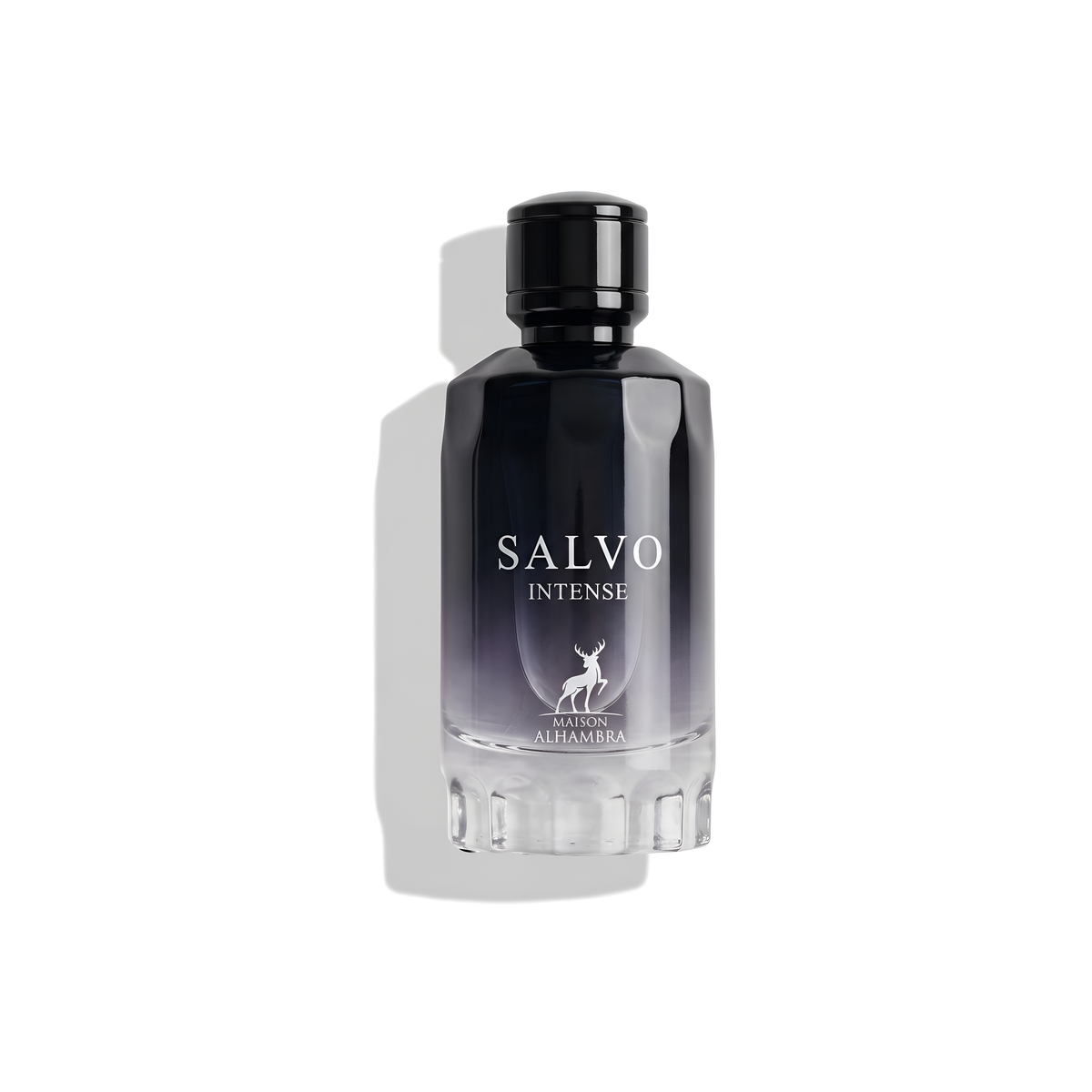 Bottle of Alhambra Salvo Intense EDP fragrance on a white background with soft shadow