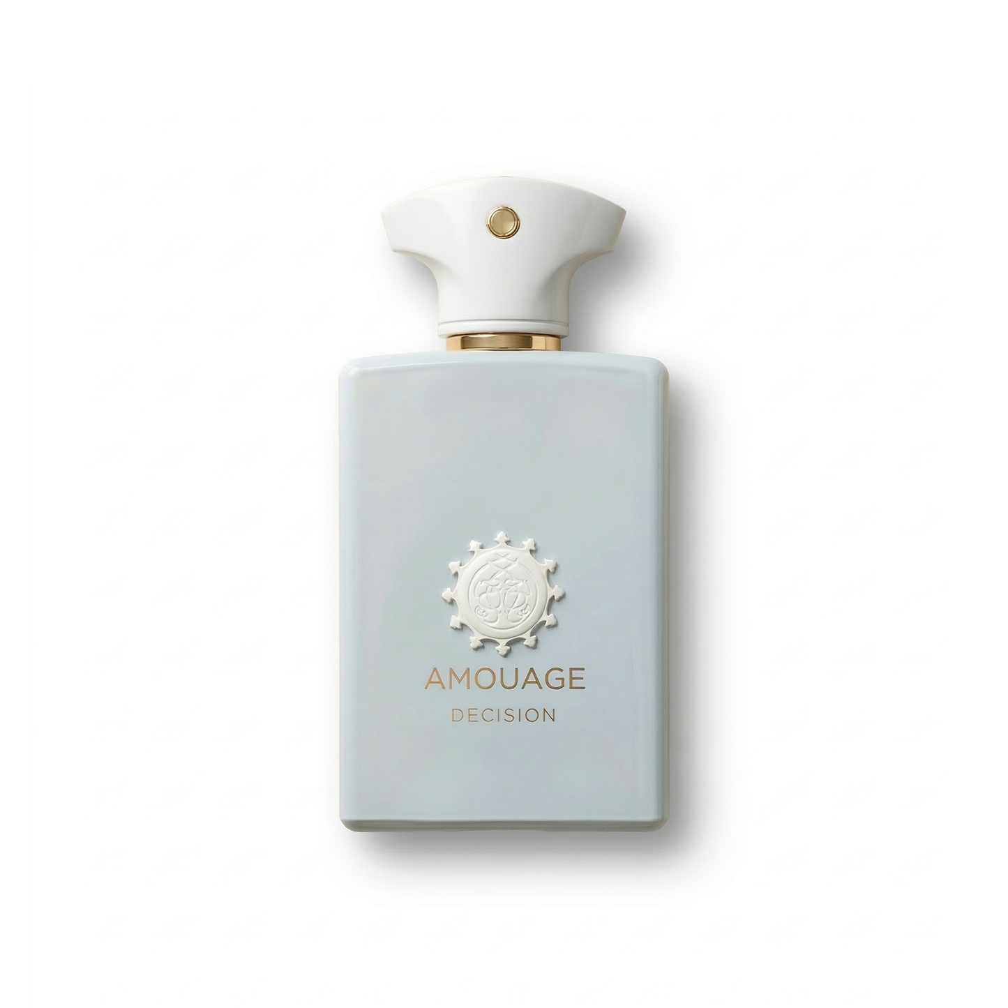 Bottle of Amouage Decision EDP fragrance on a white background with soft shadow