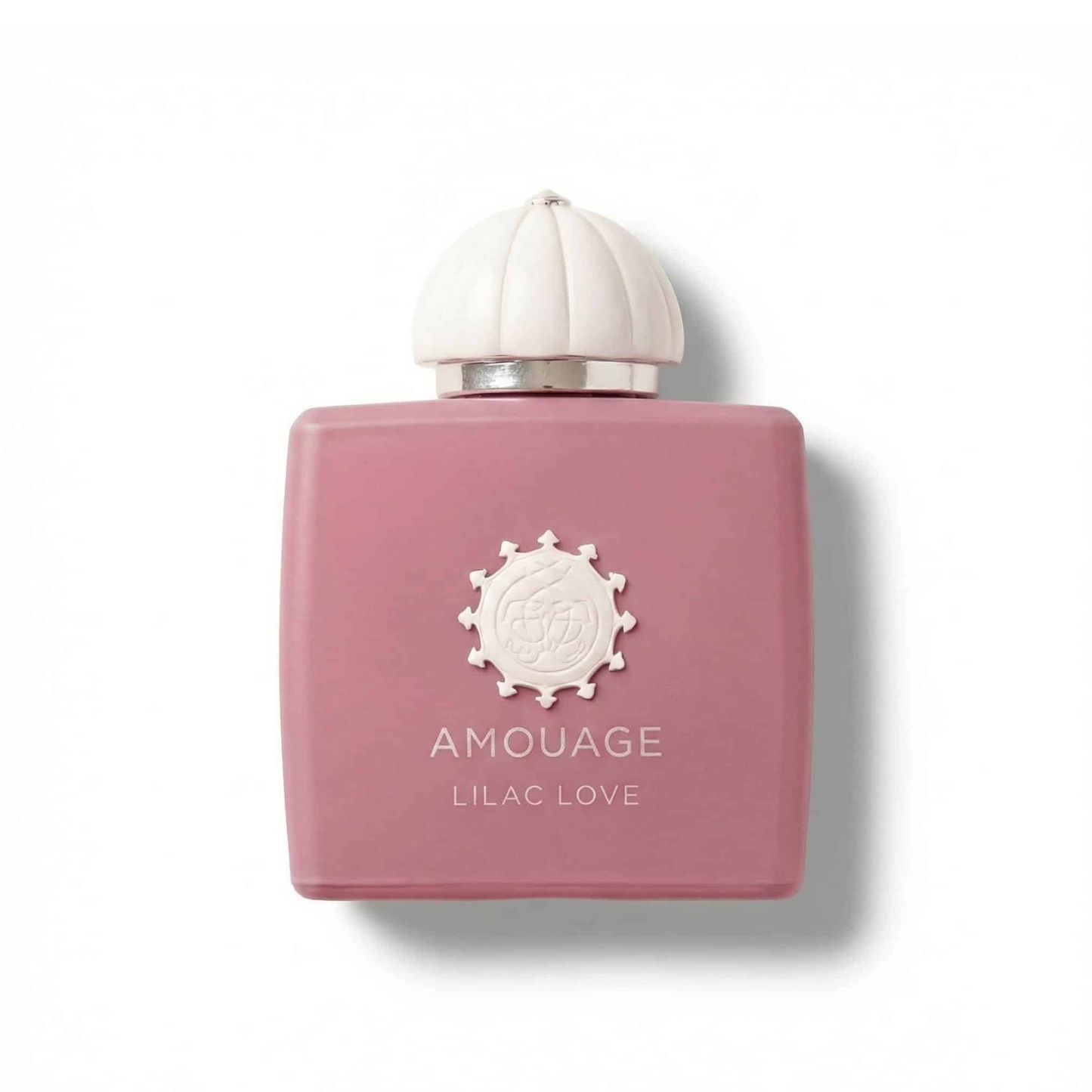 Bottle of Amouage Lilac Love EDP fragrance on a white background with soft shadow