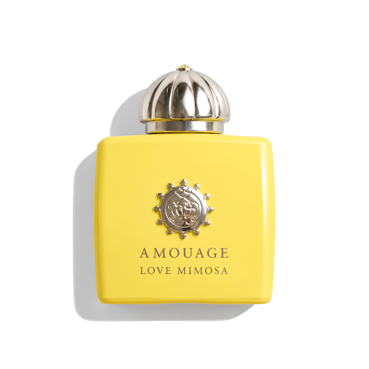 Bottle of Amouage Love Mimosa EDP fragrance on a white background with soft shadow