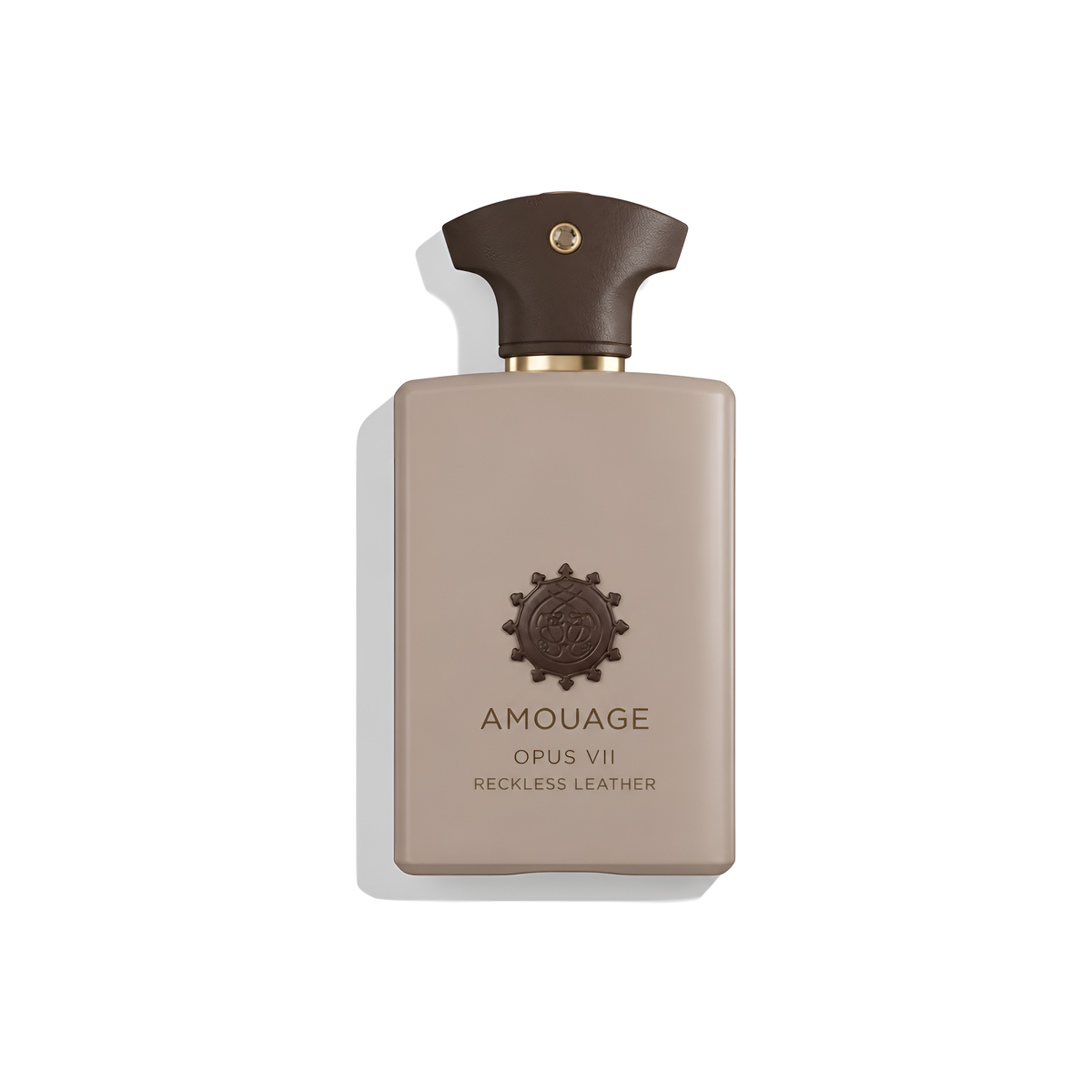 Bottle of Amouage Opus VII Reckless Leather EDP fragrance on a white background with soft shadow