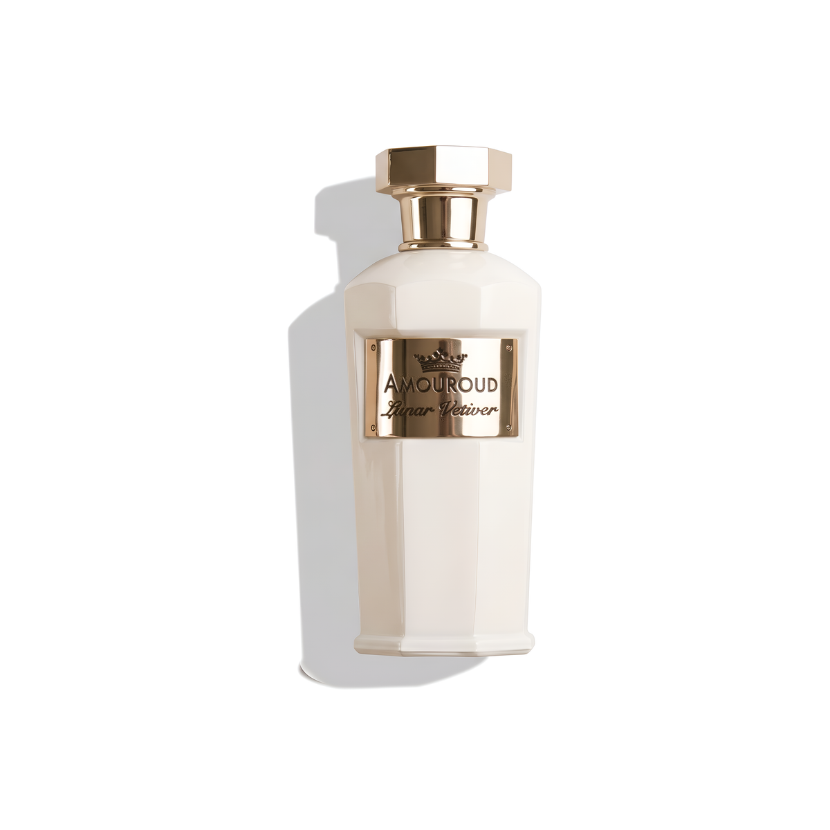 Bottle of Amouroud Lunar Vetiver EDP fragrance on a white background with soft shadow