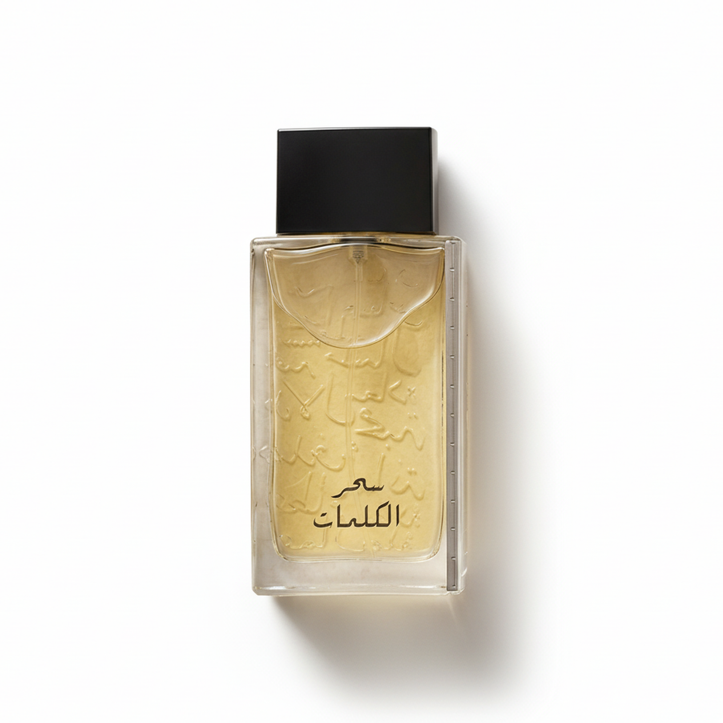 Bottle of Arabian Oud Kalemat Black EDP fragrance on a white background with soft shadow