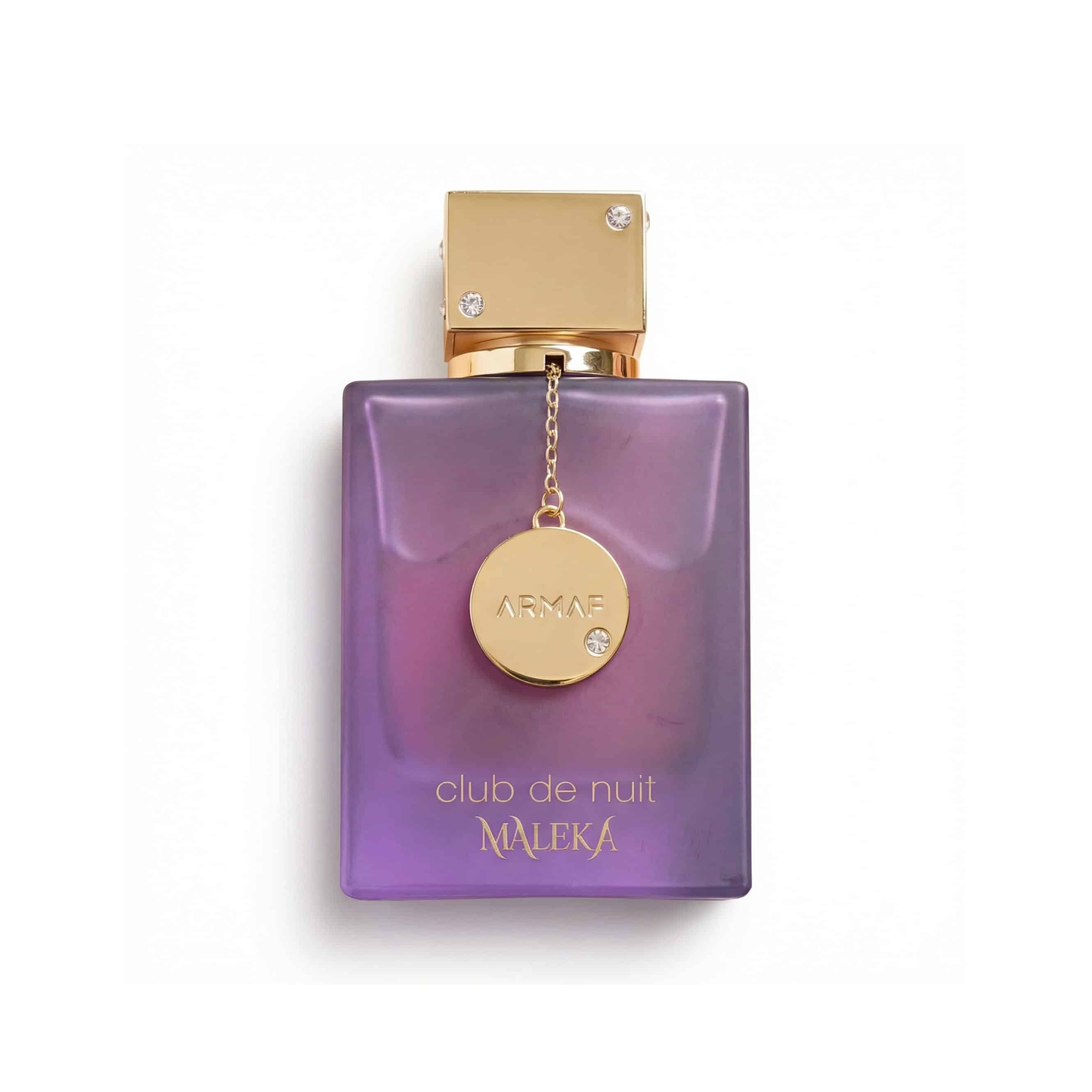 Bottle of Armaf Club De Nuit Maleka EDP fragrance on a white background with soft shadow