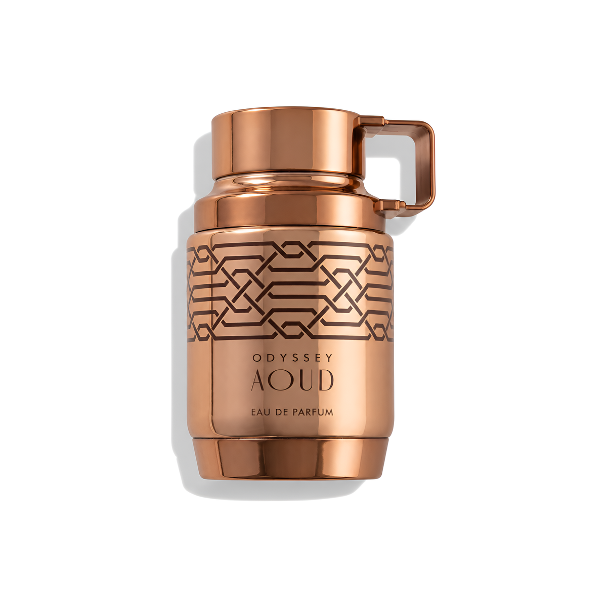 Bottle of Armaf Odyssey Aoud EDP fragrance on a white background with soft shadow
