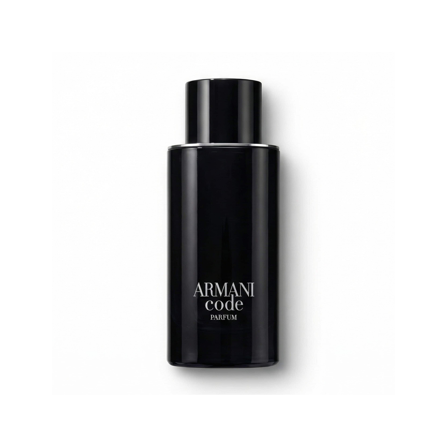 Bottle of Armani Code Parfum fragrance on a white background with soft shadow