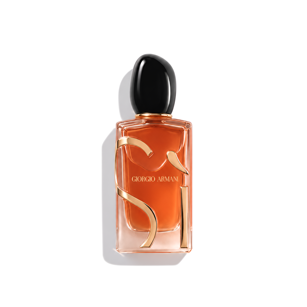 Bottle of Armani Si Parfum fragrance on a white background with soft shadow