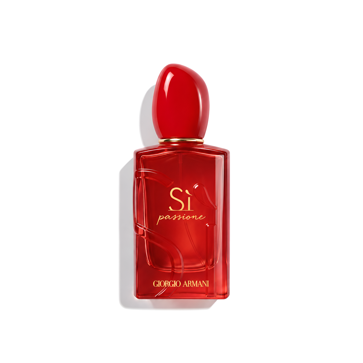 Bottle of Armani Si Passione Red Musk EDP fragrance on a white background with soft shadow