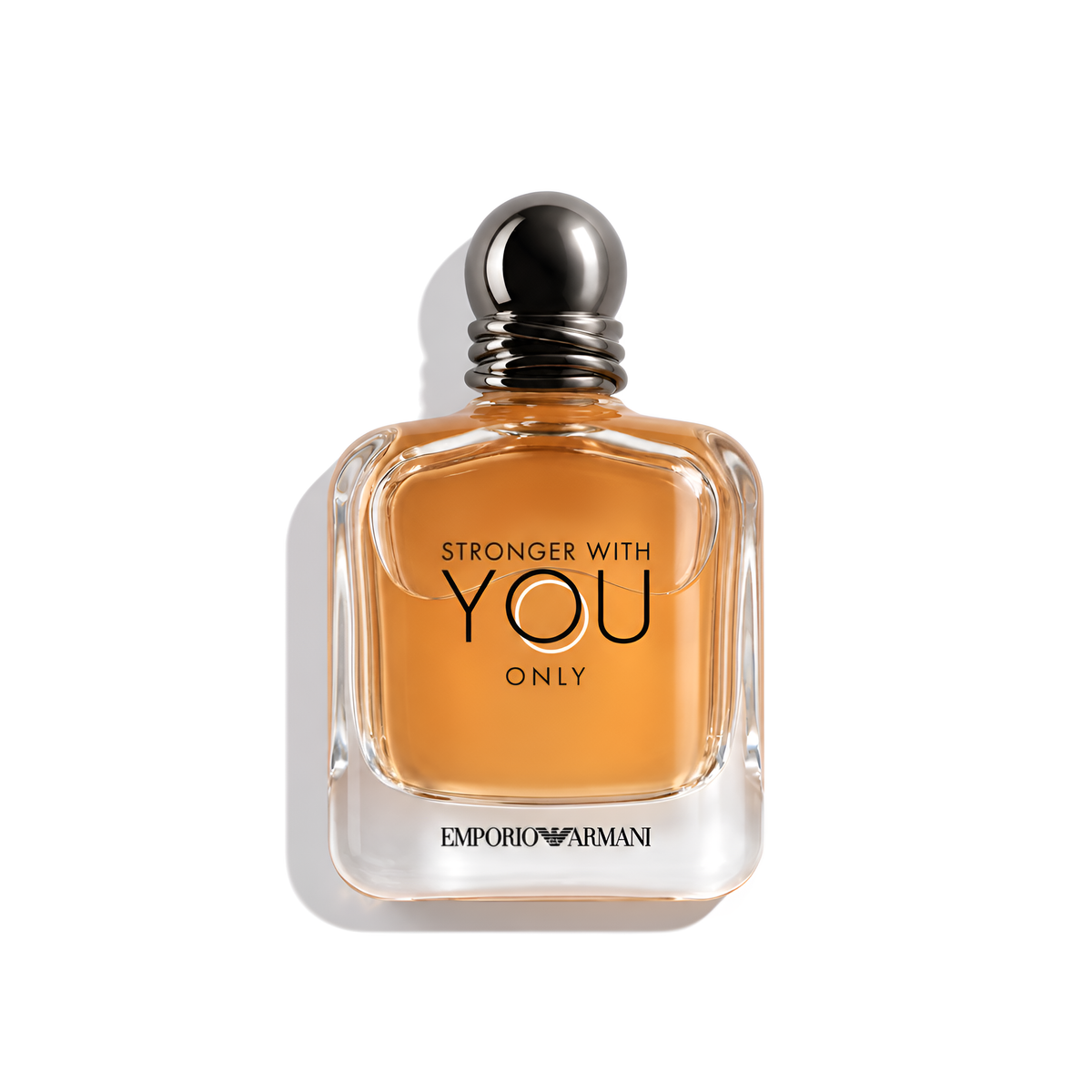 Bottle of Armani Stronger With You Only EDT fragrance on a white background with soft shadow