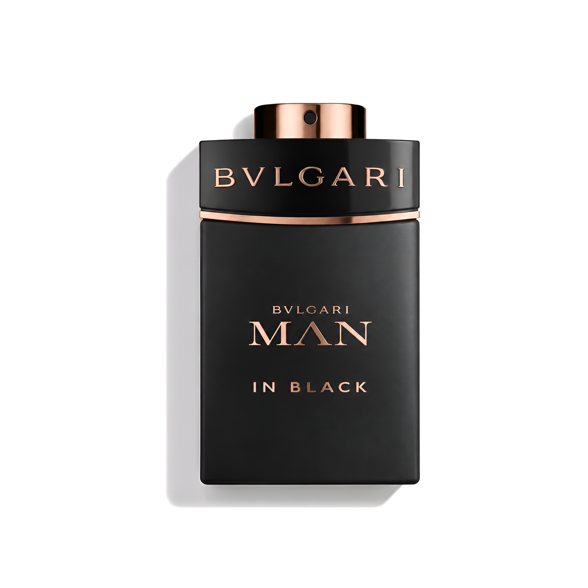 Bottle of Bvlgari Man In Black EDP fragrance on a white background with soft shadow