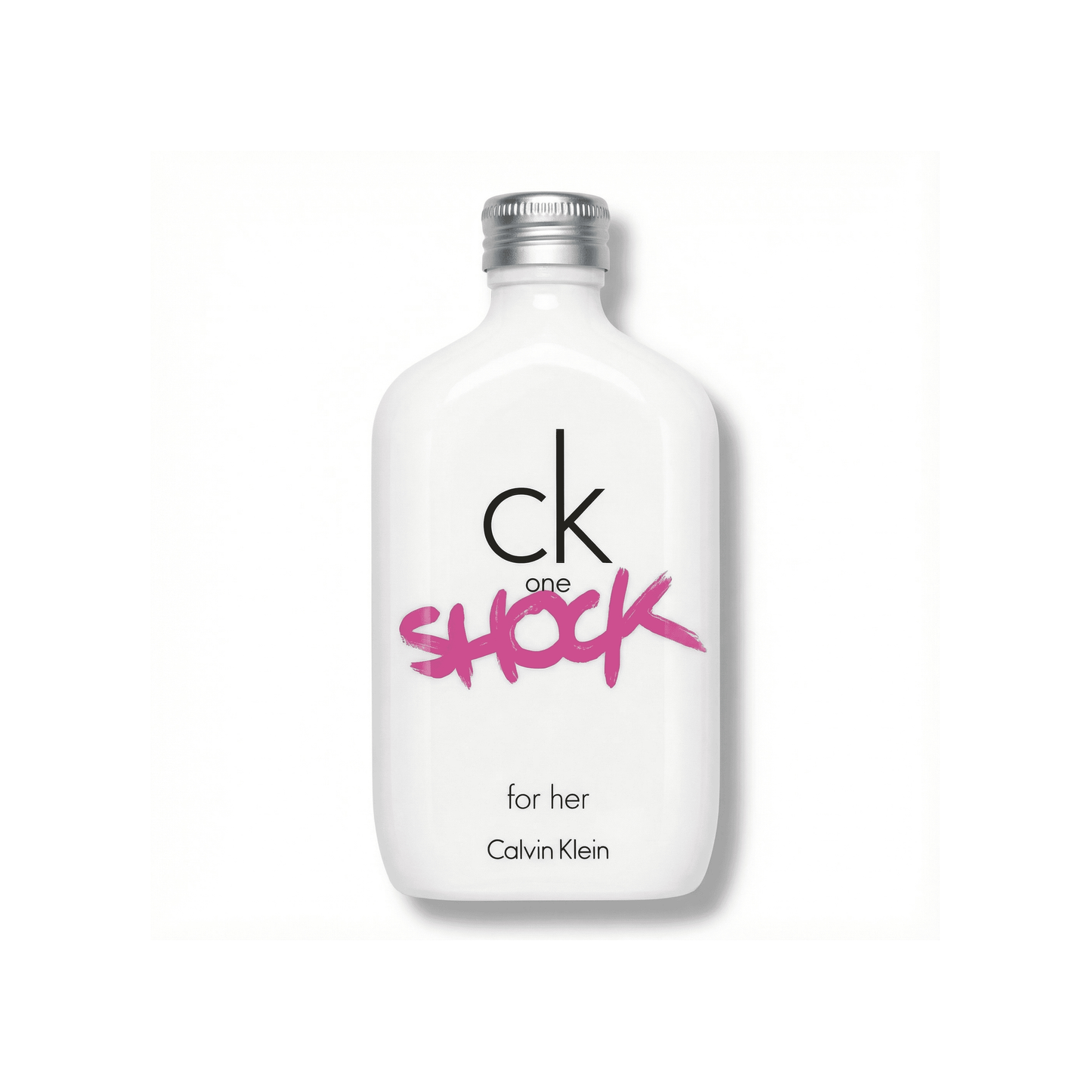 Bottle of Calvin Klein CK One Shock For Her EDT fragrance on a white background with soft shadow