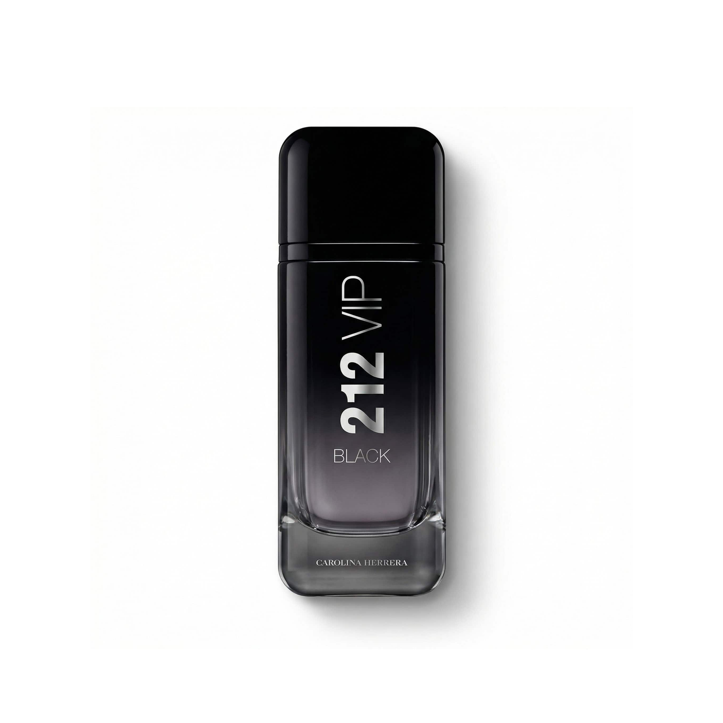 Bottle of Carolina Herrera 212 VIP Black EDP fragrance on a white background with soft shadow