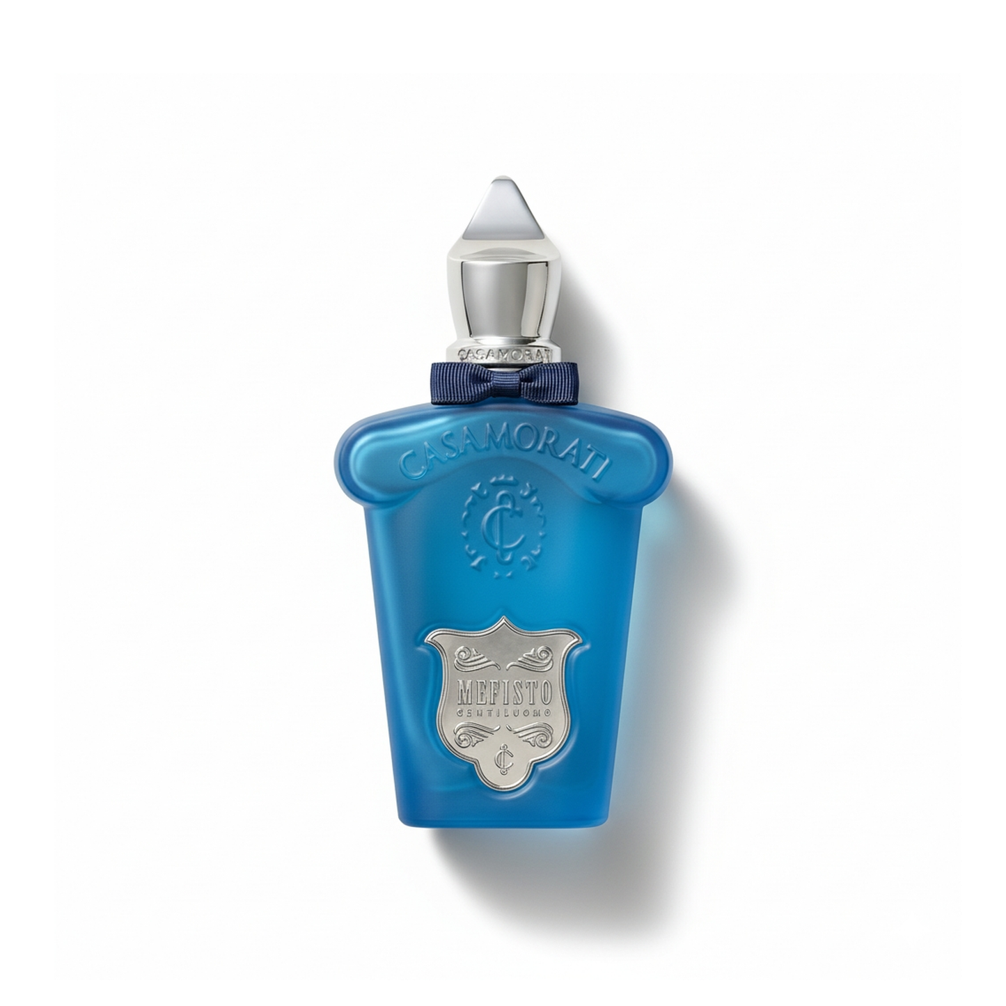 Bottle of Casamorati Mefisto Gentiluomo EDP fragrance on a white background with soft shadow