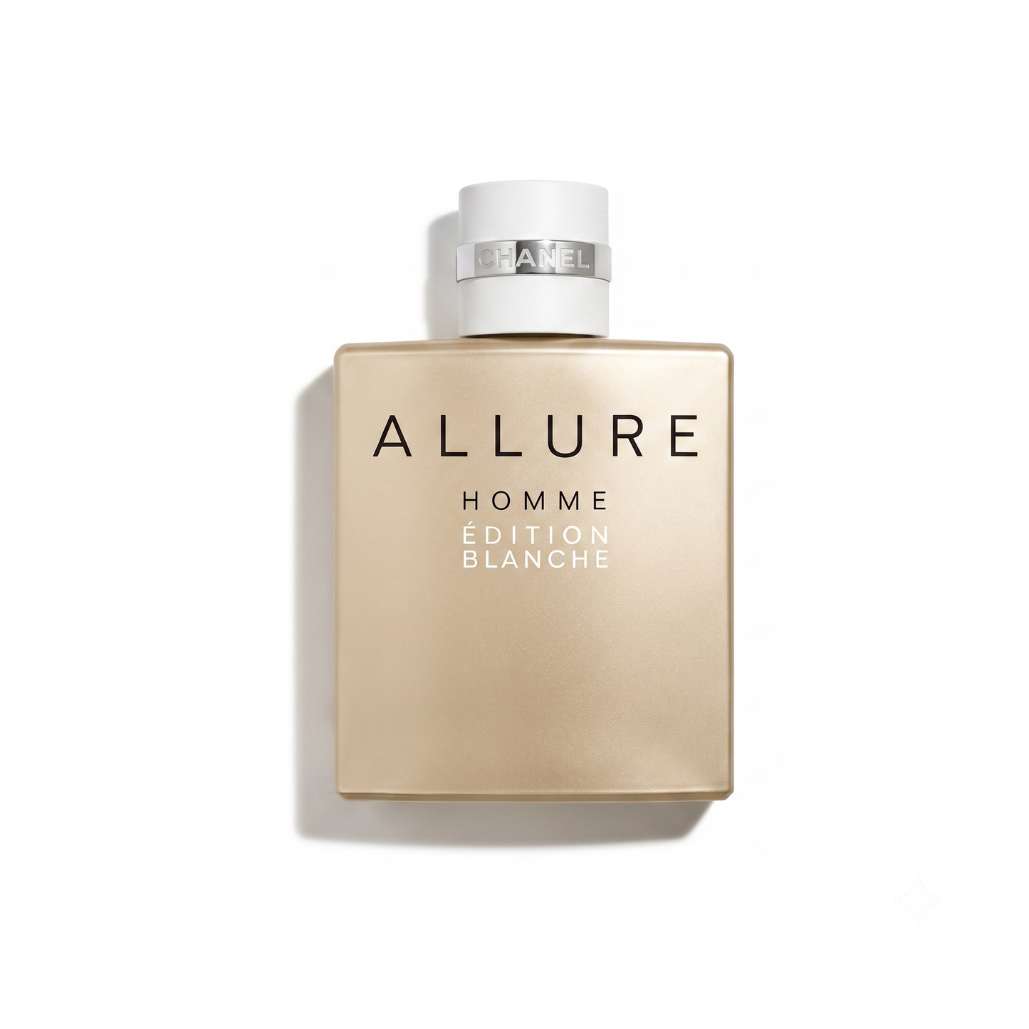 Bottle of Chanel Allure Homme Édition Blanche EDP fragrance on a white background with soft shadow