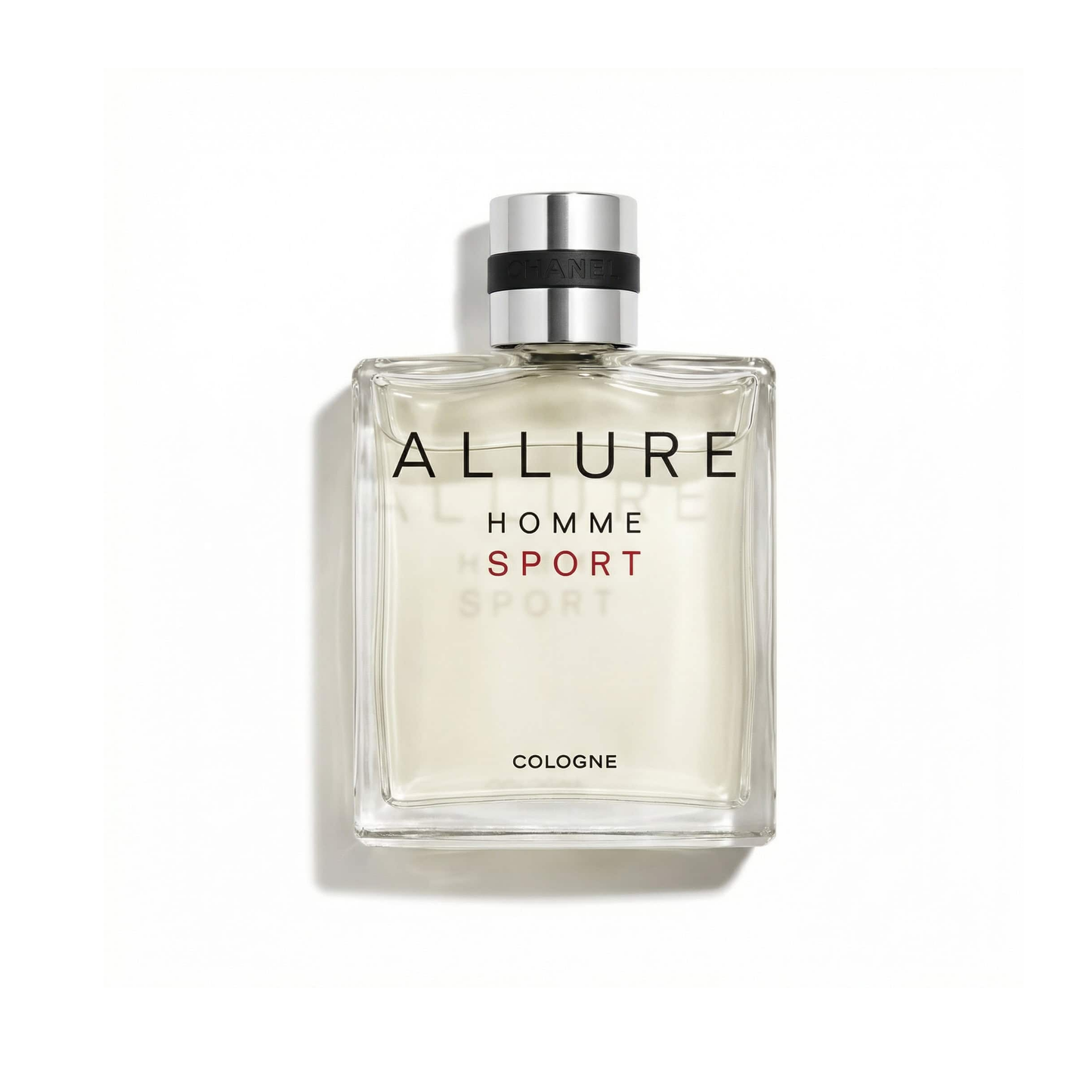 Bottle of Chanel Allure Homme Sport Cologne Cologne fragrance on a white background with soft shadow