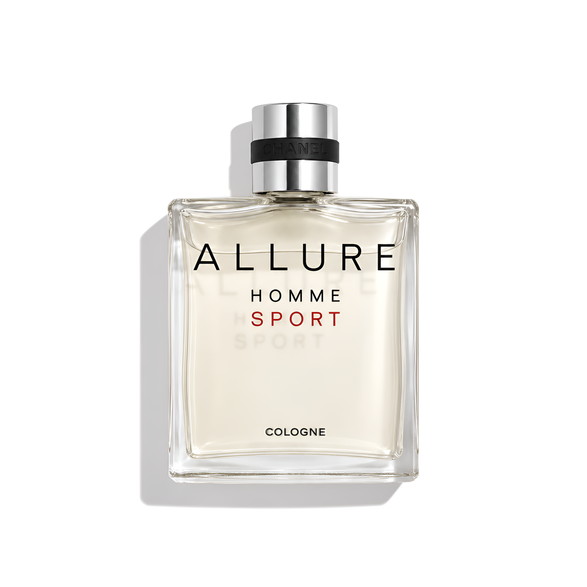 Bottle of Chanel Allure Homme Sport Cologne fragrance on a white background with soft shadow