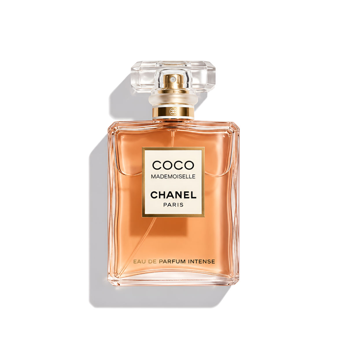 Bottle of Chanel Coco Mademoiselle Intense EDP fragrance on a white background with soft shadow