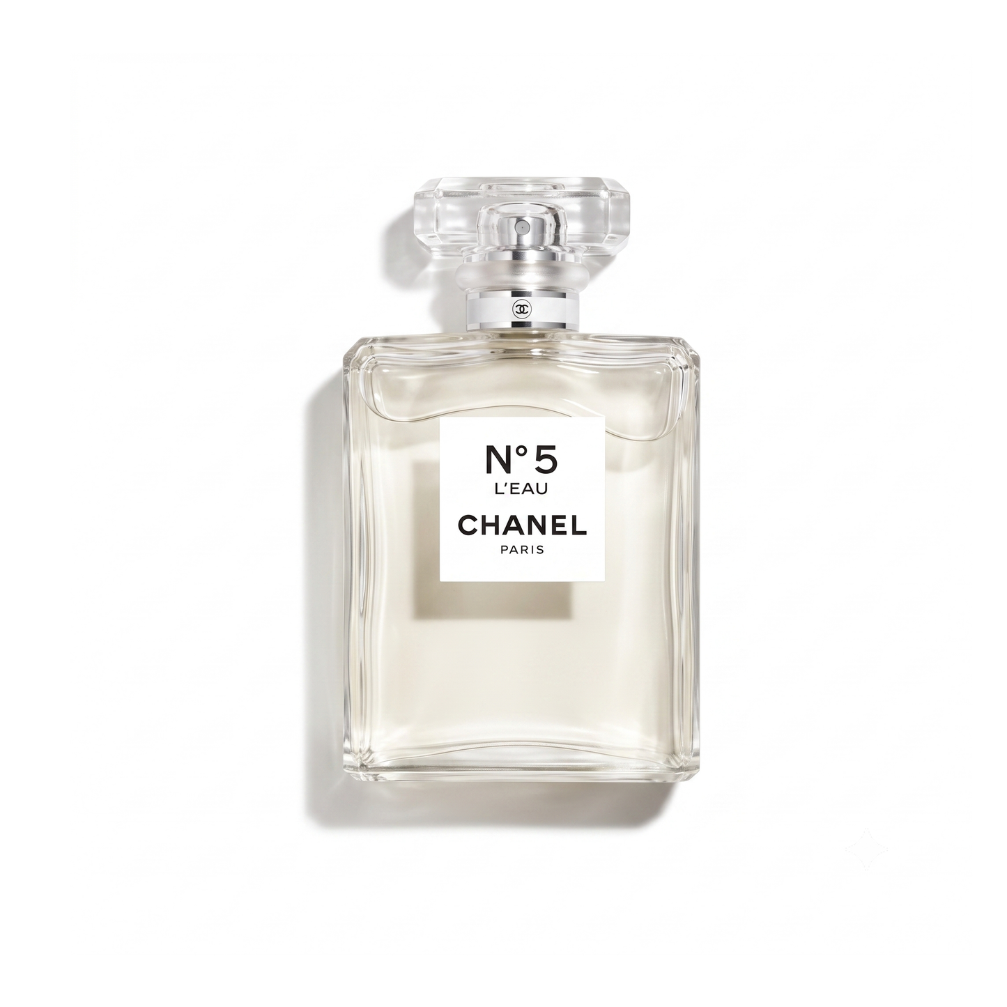 Bottle of Chanel N°5 L'Eau EDT fragrance on a white background with soft shadow