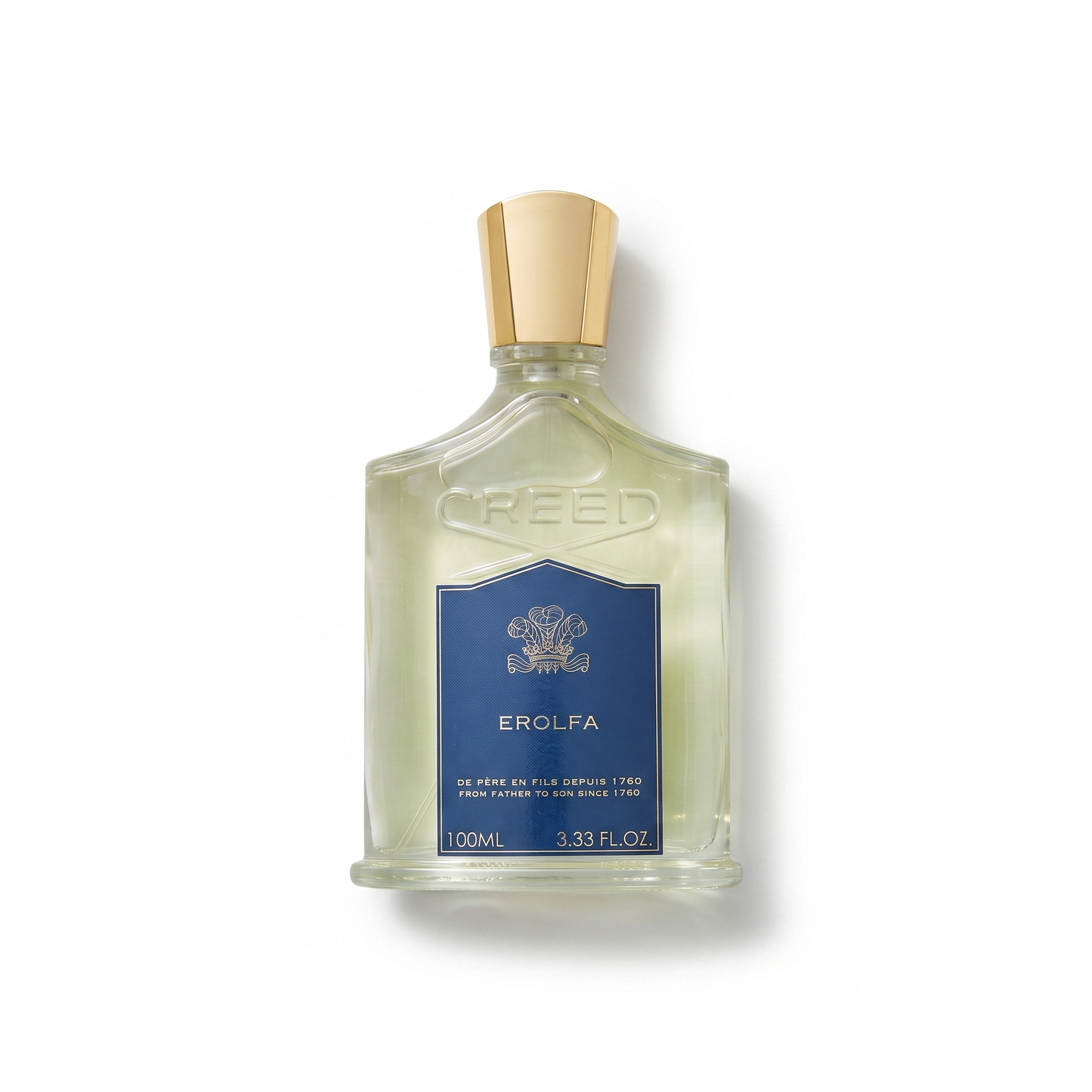 Bottle of Creed Erolfa EDP fragrance on a white background with soft shadow
