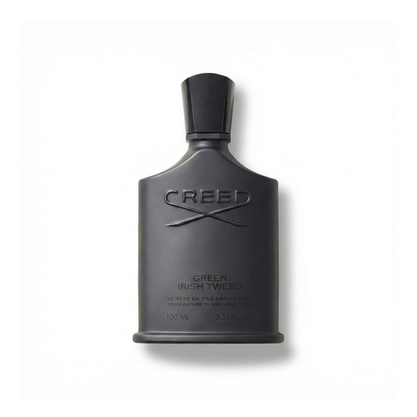 Bottle of Creed Green Irish Tweed EDP fragrance on a white background with soft shadow