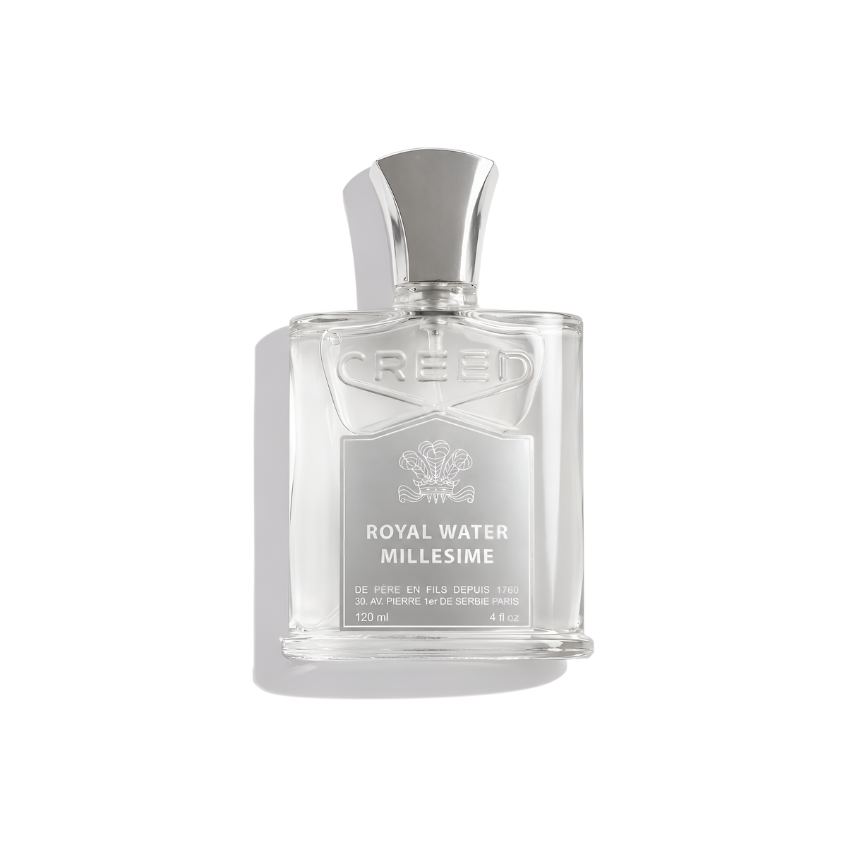 Bottle of Creed Royal Water Millesime (Batch 2010) EDP fragrance on a white background with soft shadow