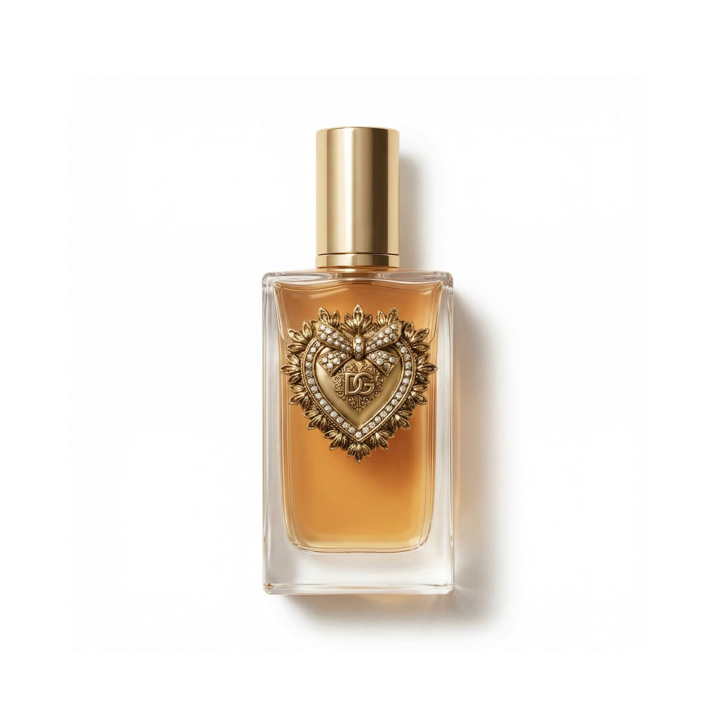 Bottle of D&G Devotion EDP fragrance on a white background with soft shadow