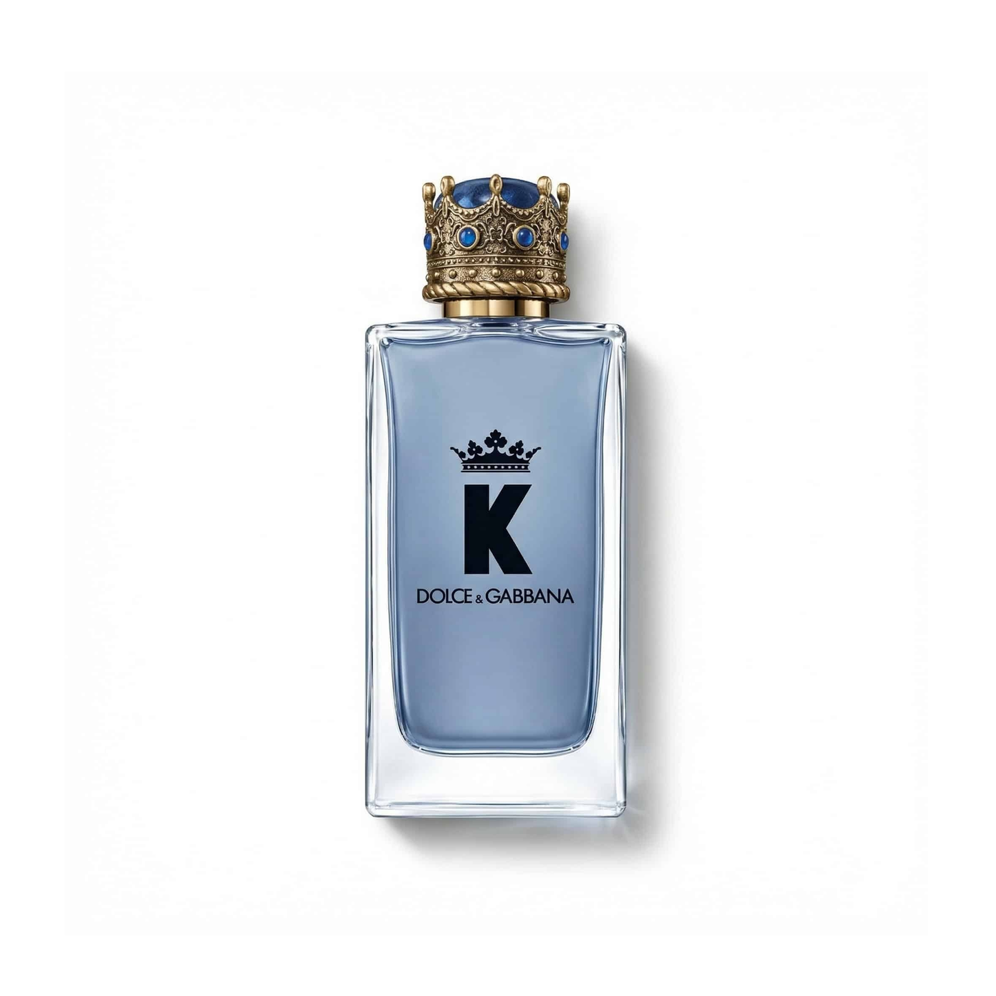 Bottle of D&G K EDT fragrance on a white background with soft shadow
