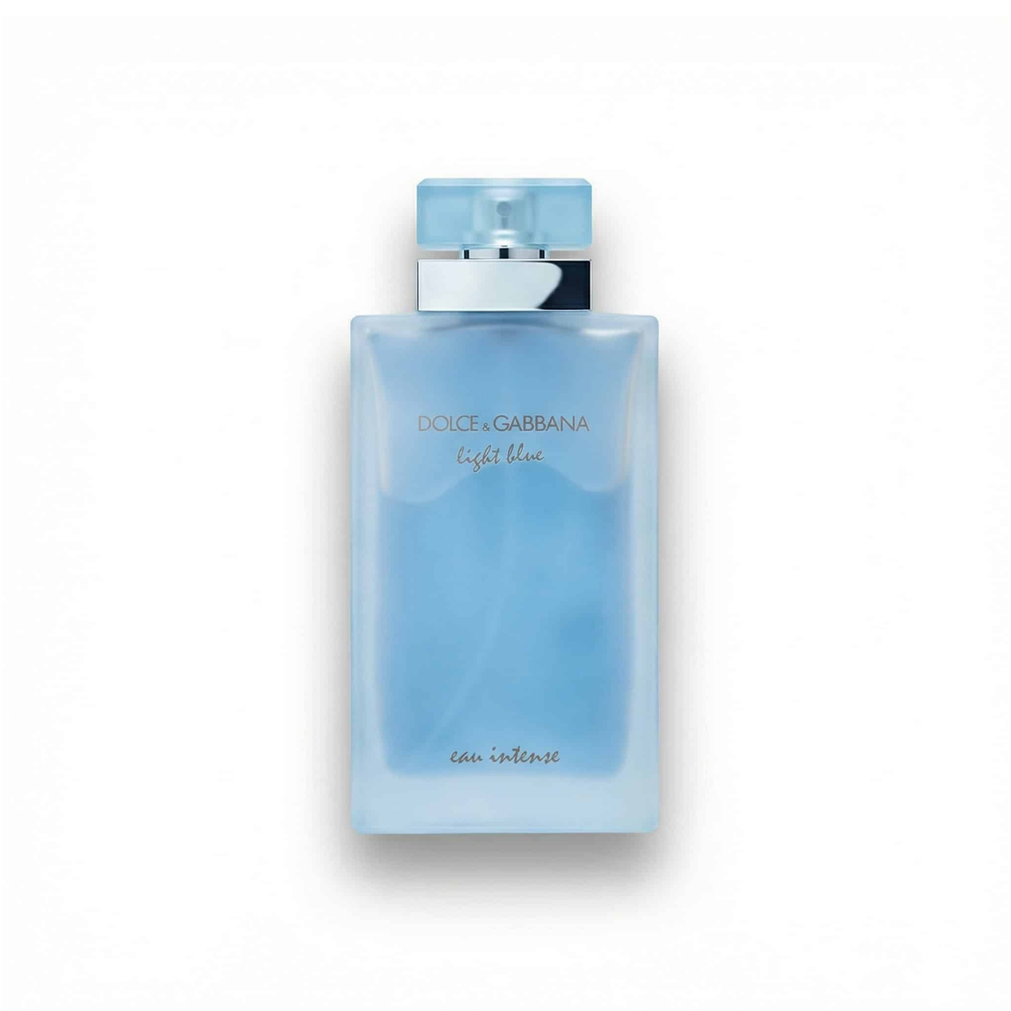 Bottle of D&G Light Blue Eau Intense For Her EDP fragrance on a white background with soft shadow