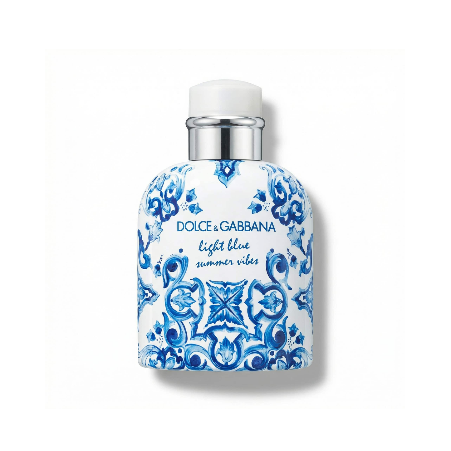 Bottle of D&G Light Blue Pour Homme Summer Vibes EDT fragrance on a white background with soft shadow