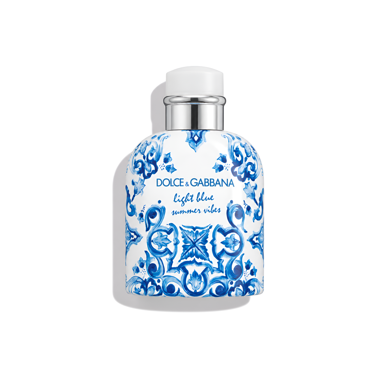 Bottle of D&G Light Blue Pour Homme Summer Vibes EDT fragrance on a white background with soft shadow