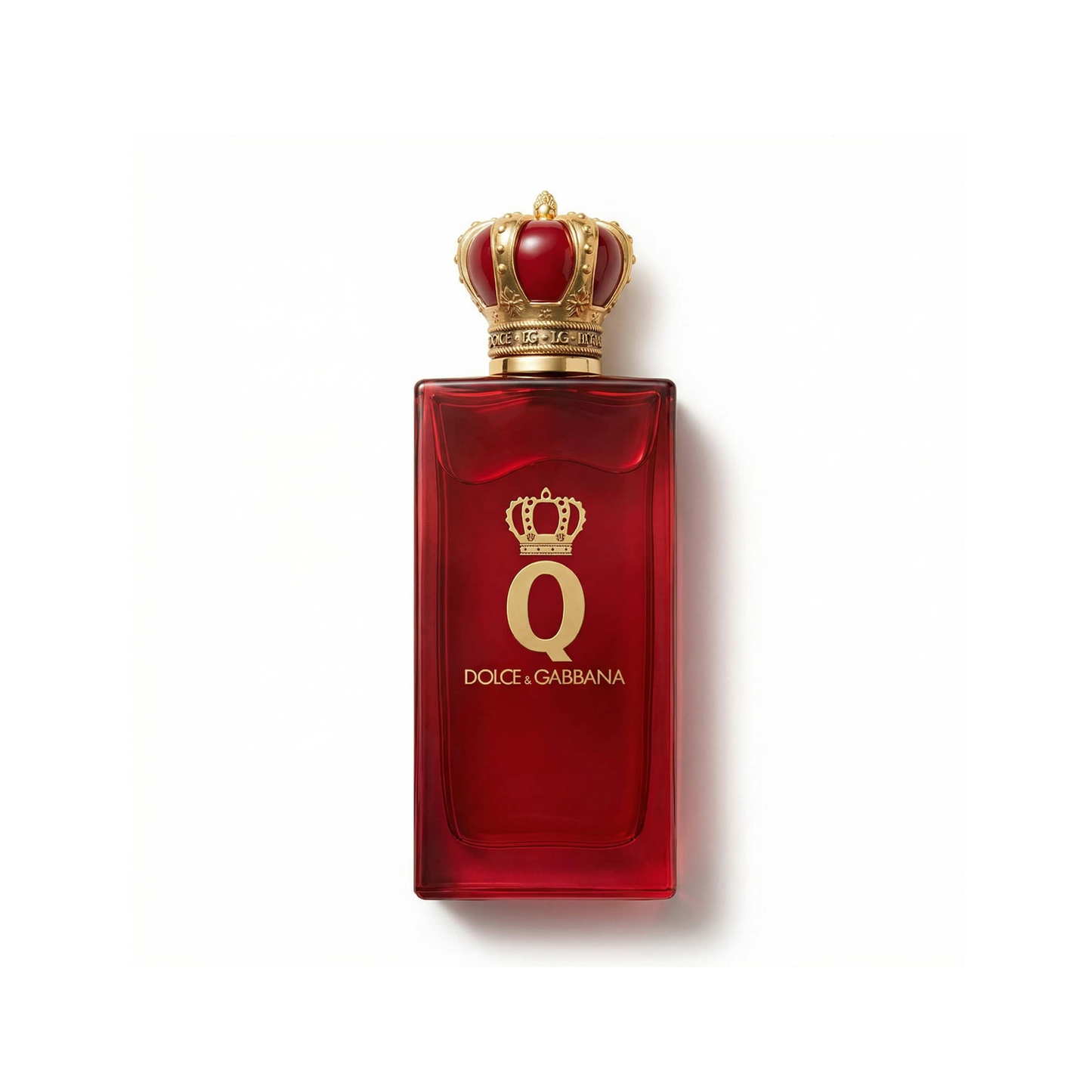 Bottle of D&G Q Intense Pour Femme EDP fragrance on a white background with soft shadow