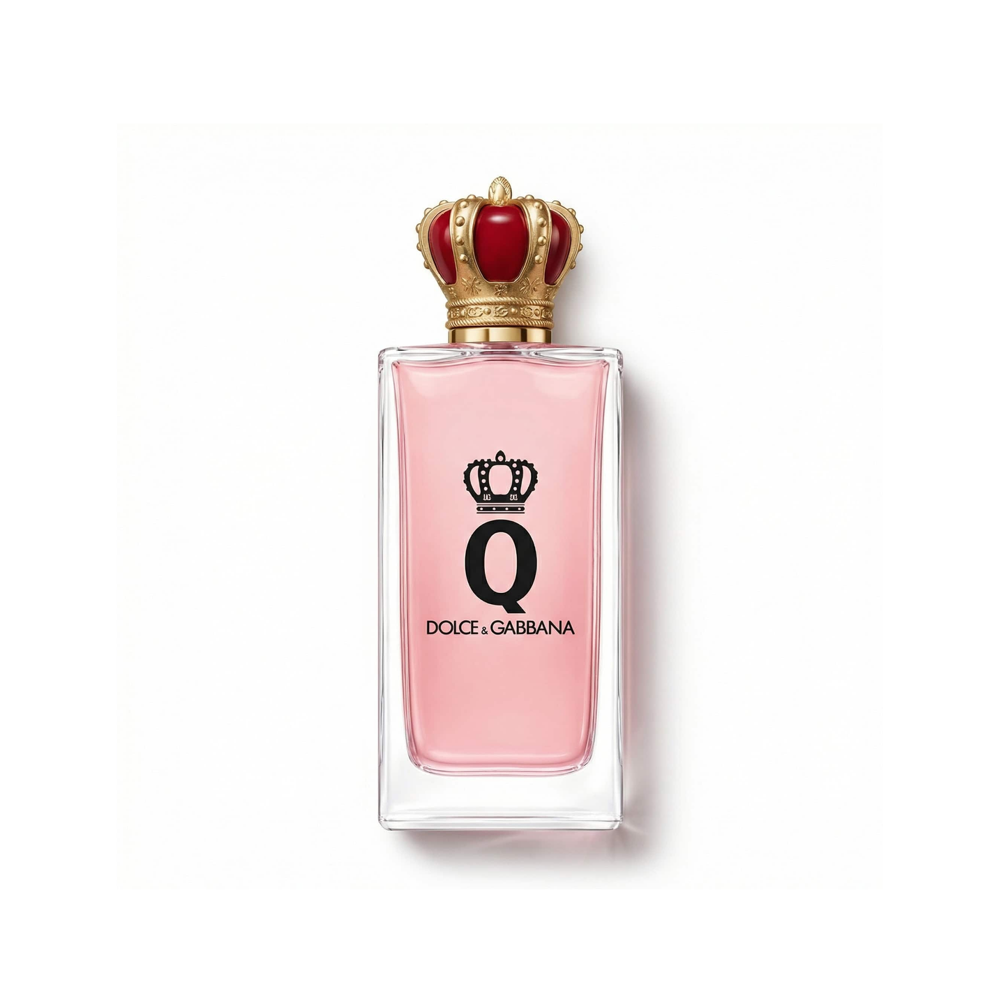 Bottle of D&G Q Pour Femme EDP fragrance on a white background with soft shadow
