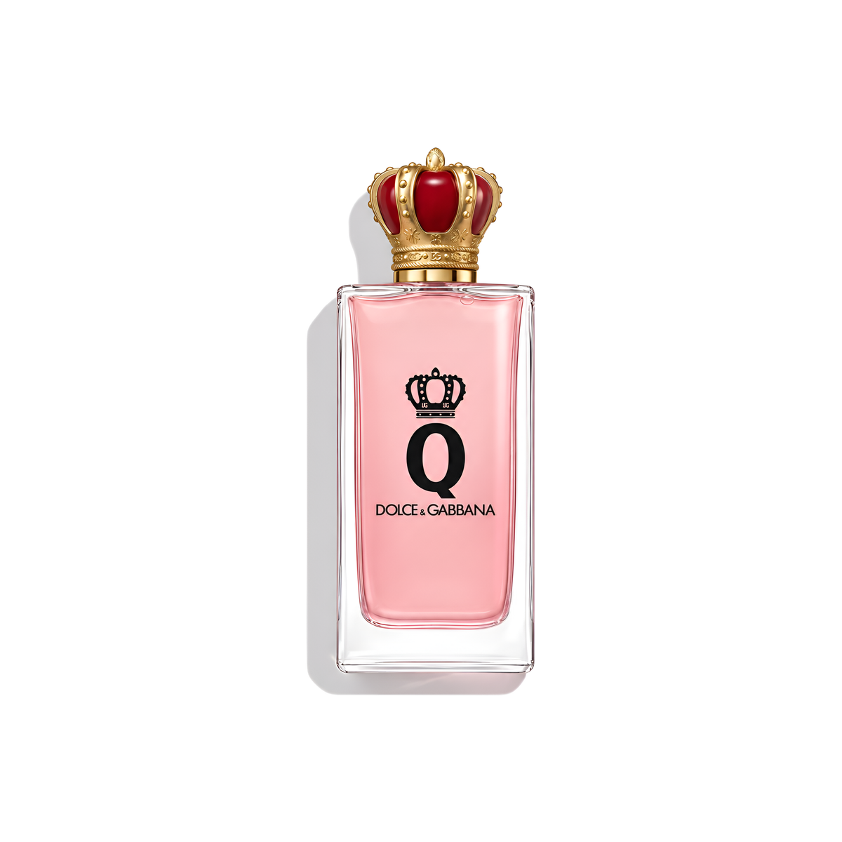 Bottle of D&G Q Pour Femme EDP fragrance on a white background with soft shadow