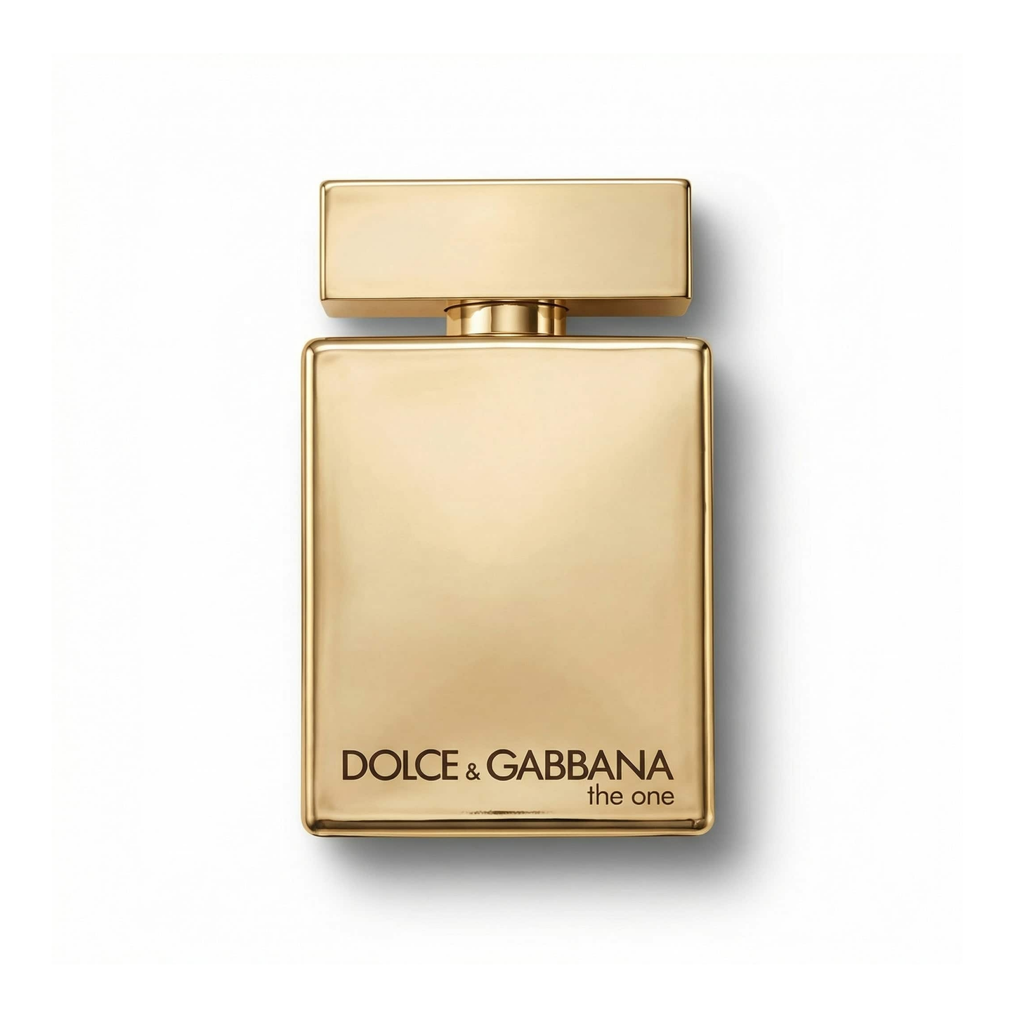 Bottle of D&G The One Gold EDP fragrance on a white background with soft shadow