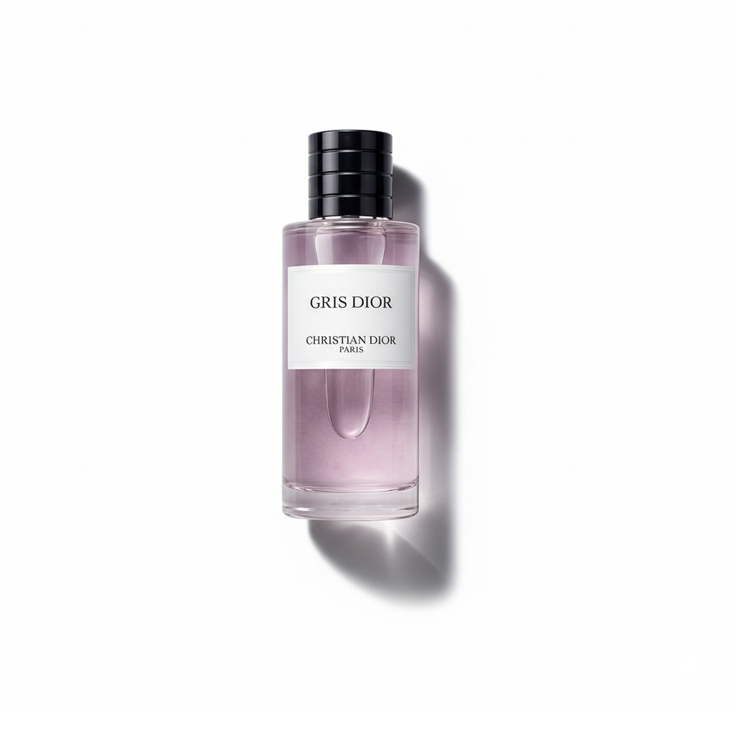 Bottle of Dior Gris Dior EDP fragrance on a white background with soft shadow