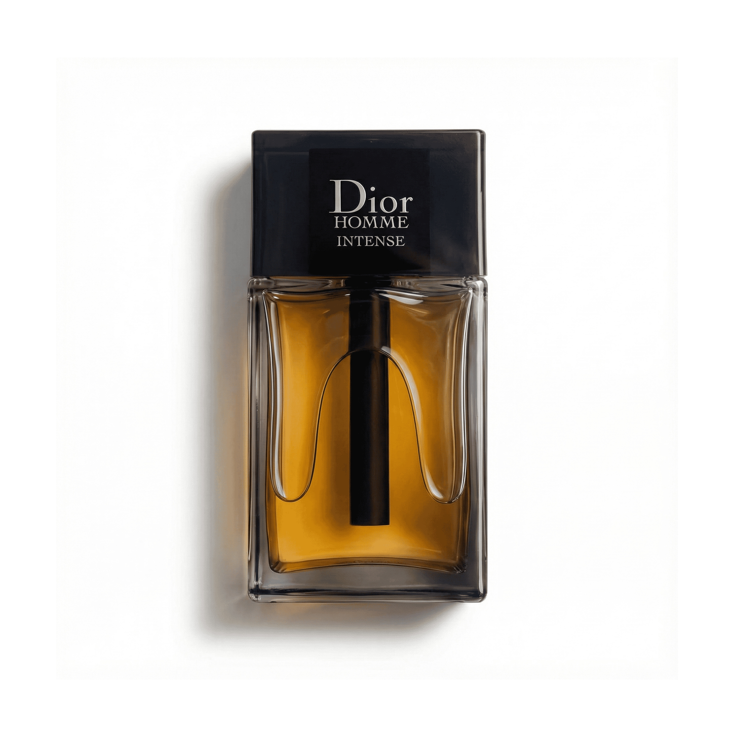 Bottle of Dior Homme Intense EDP fragrance on a white background with soft shadow