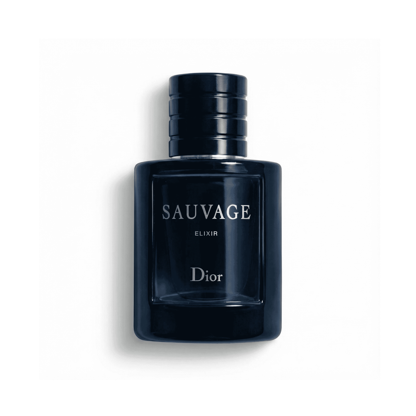 Bottle of Dior Sauvage Elixir Parfum fragrance on a white background with soft shadow