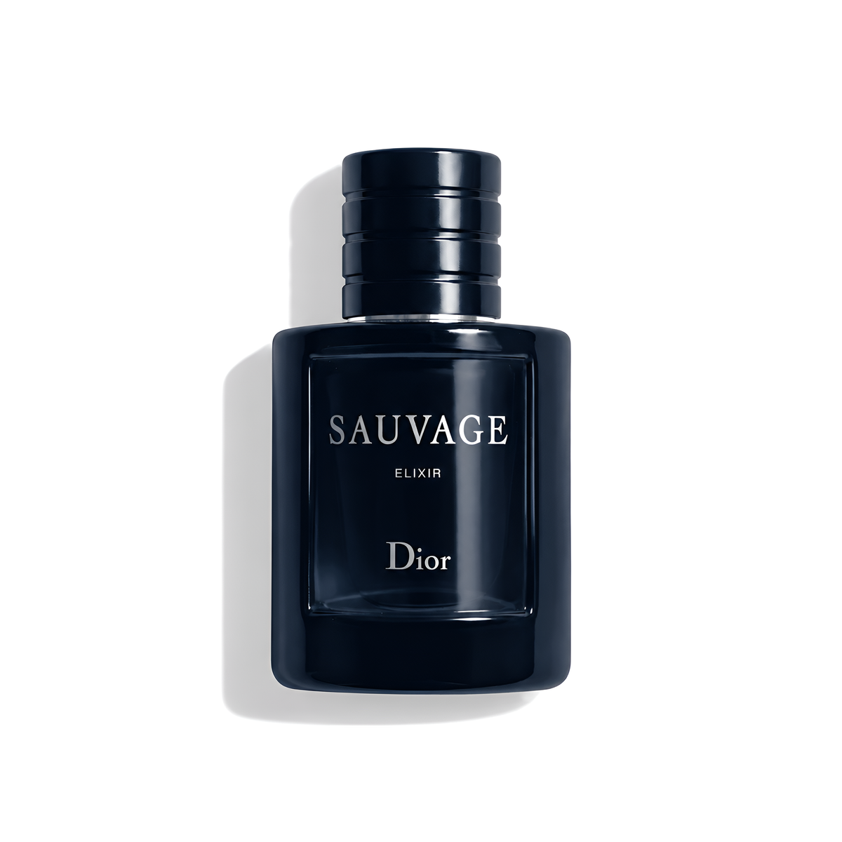 Bottle of Dior Sauvage Elixir fragrance on a white background with soft shadow