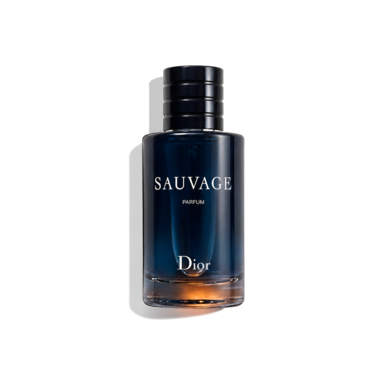 Bottle of Dior Sauvage Parfum fragrance on a white background with soft shadow